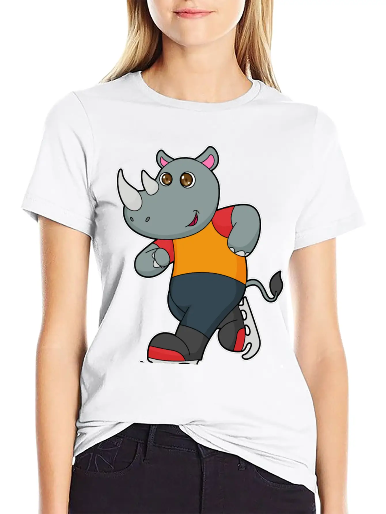 Rhino At Ice Skating With Ice Skates Basic Graphic T-Shirt – Daily Comfort In Soft Cotton