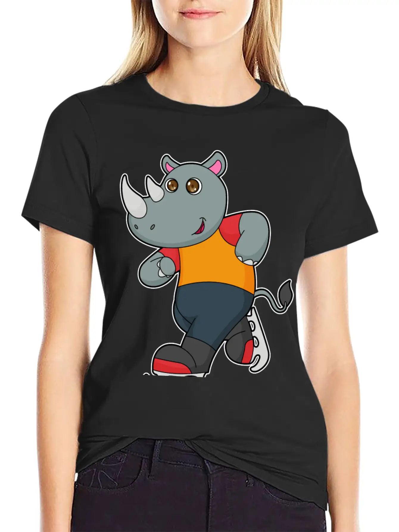 Rhino At Ice Skating With Ice Skates Basic Graphic T-Shirt – Daily Comfort In Soft Cotton