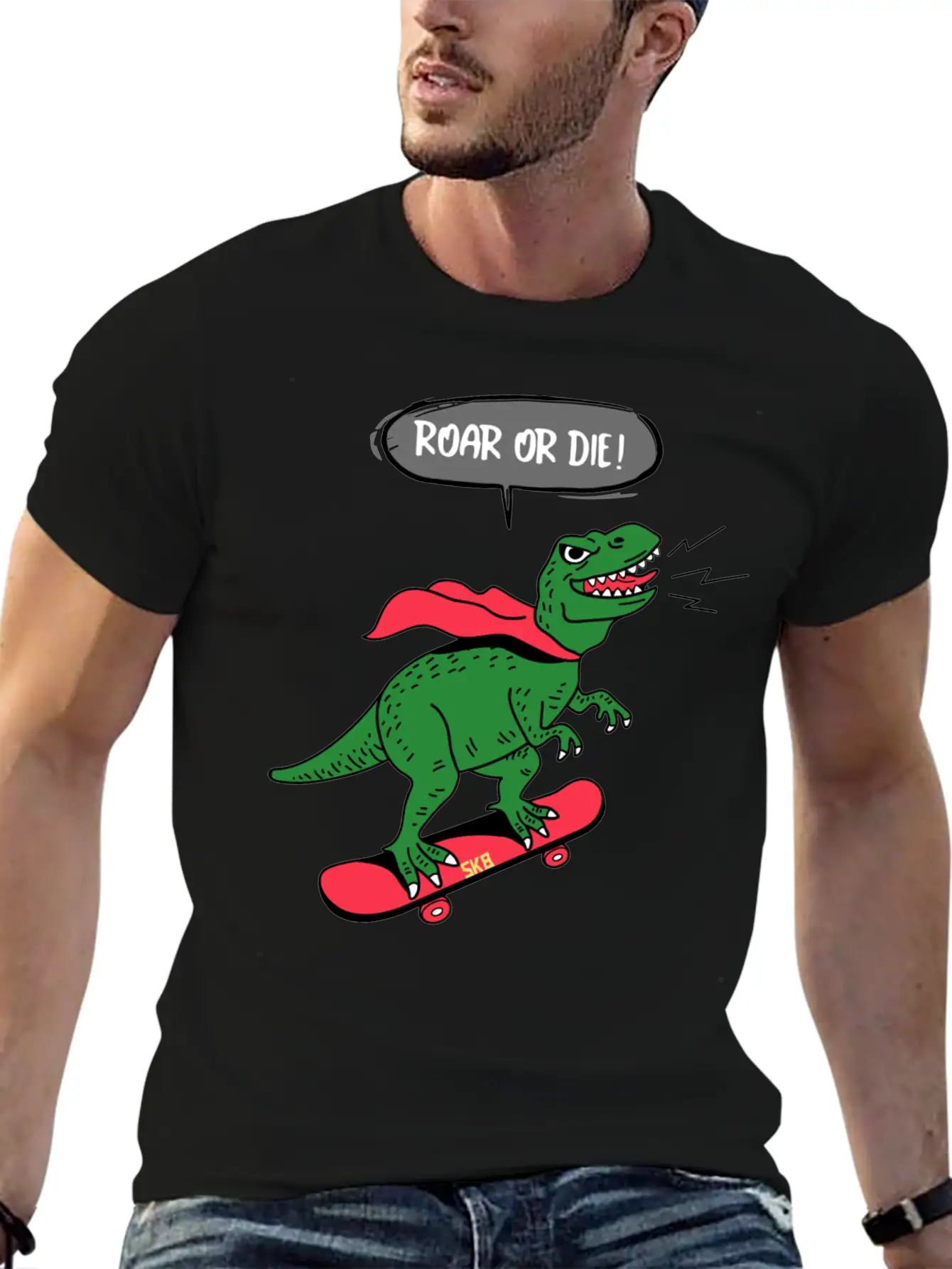 Roar Or Die! Skater Dinosaur Unisex Casual T-Shirt – Clean Design For Daily Comfort