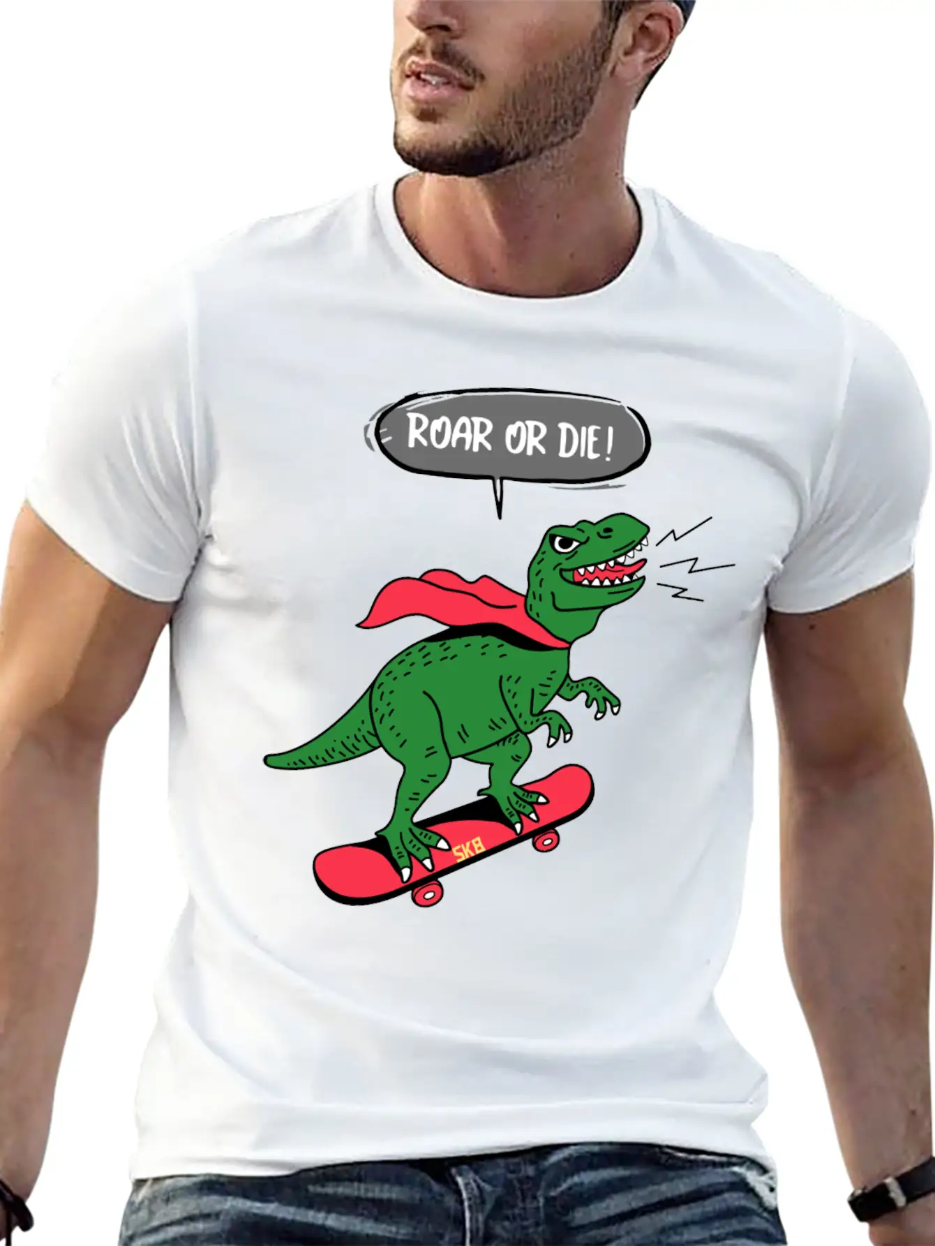 Roar Or Die! Skater Dinosaur Unisex Casual T-Shirt – Clean Design For Daily Comfort