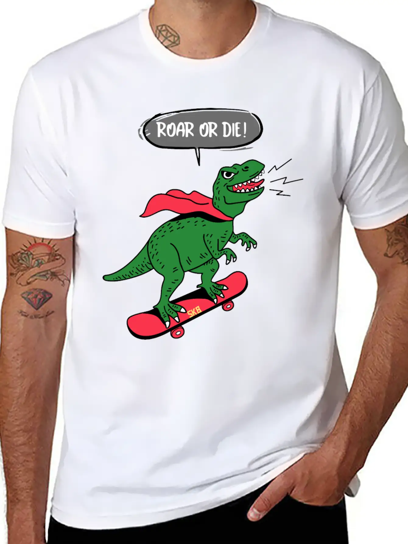 Roar Or Die! Skater Dinosaur Unisex Casual T-Shirt – Clean Design For Daily Comfort