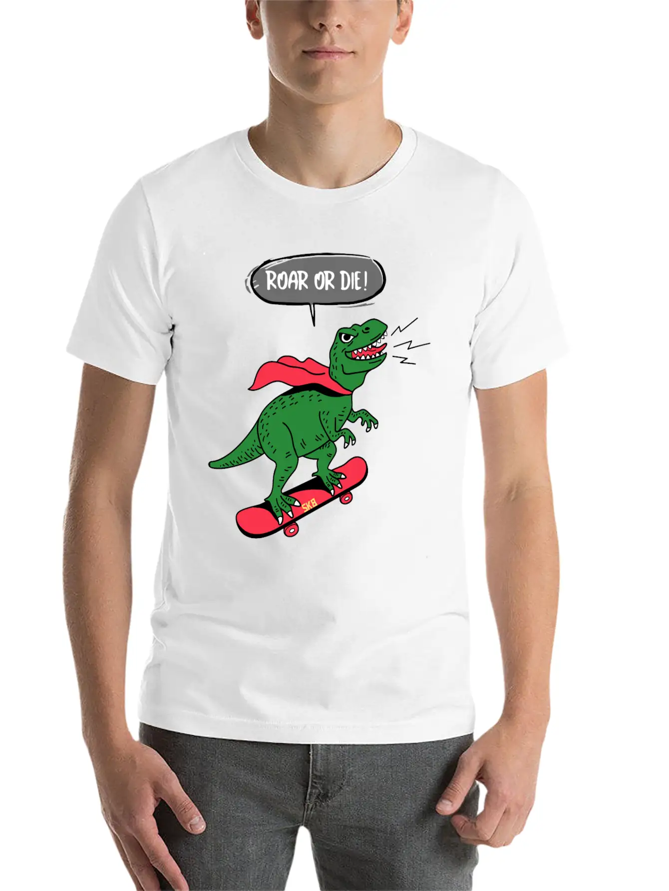 Roar Or Die! Skater Dinosaur Unisex Casual T-Shirt – Clean Design For Daily Comfort