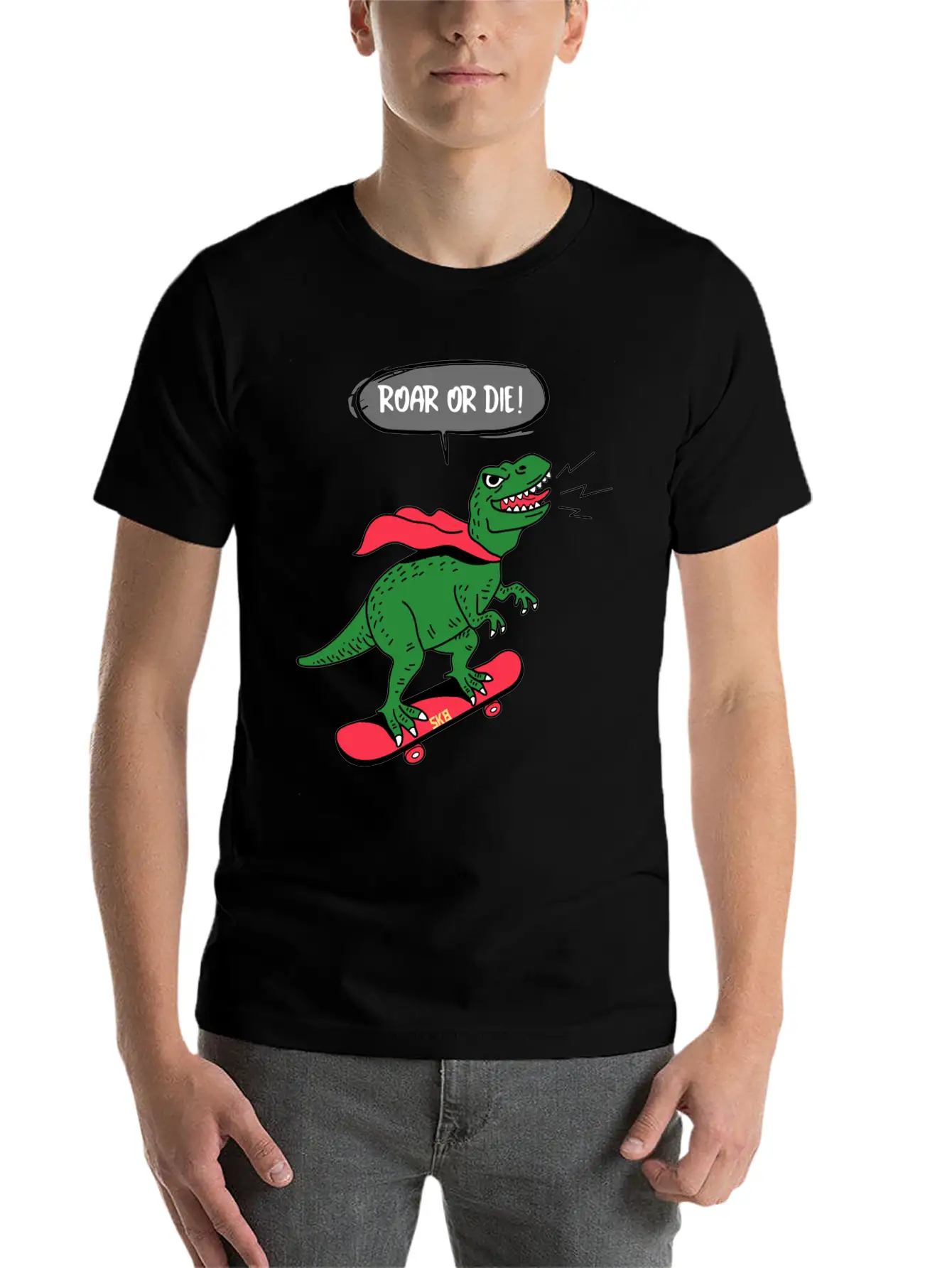Roar Or Die! Skater Dinosaur Unisex Casual T-Shirt – Clean Design For Daily Comfort