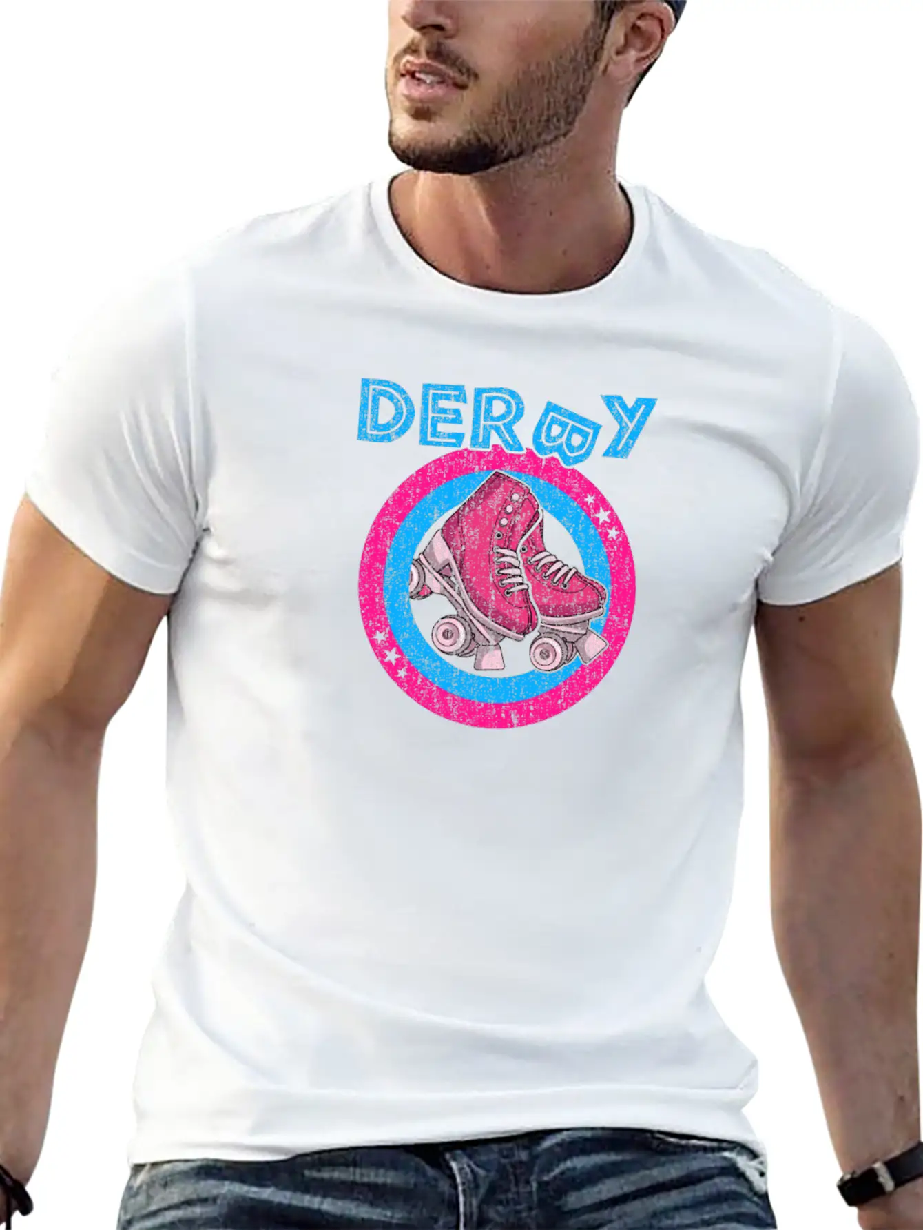 Roller Derby Girl 80s Skate Disco - Hot Pink & Unisex Short Sleeve Soft Cotton T-Shirt – Casual Everyday Wear