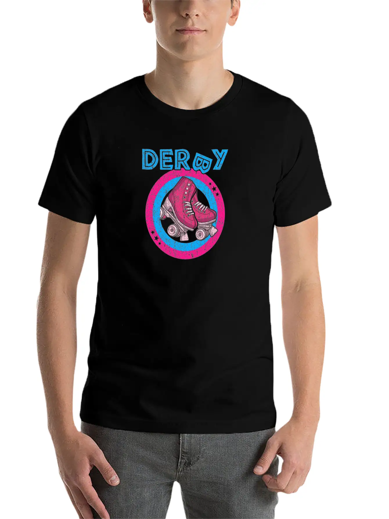 Roller Derby Girl 80s Skate Disco - Hot Pink & Unisex Short Sleeve Soft Cotton T-Shirt – Casual Everyday Wear