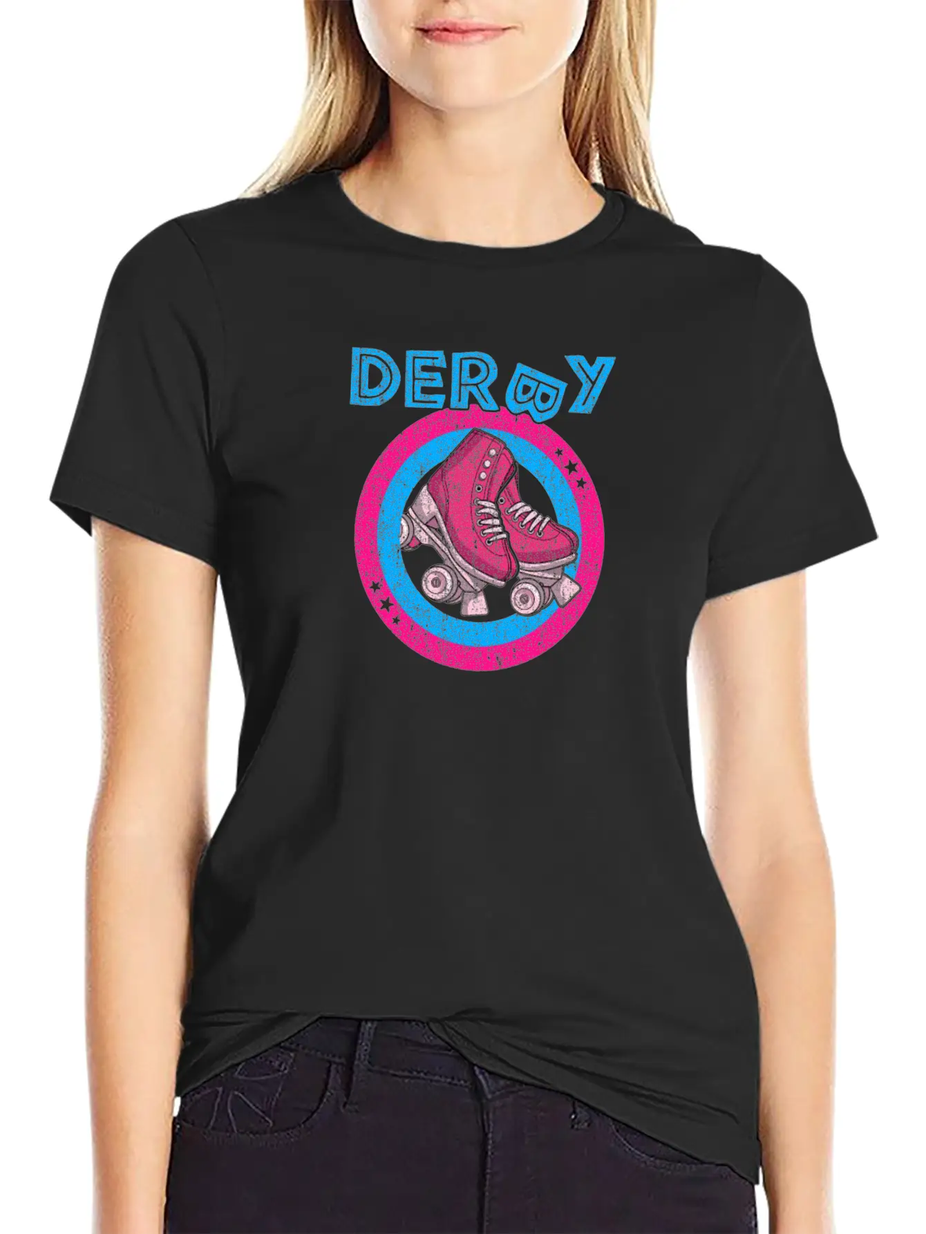 Roller Derby Girl 80s Skate Disco - Hot Pink & Unisex Short Sleeve Soft Cotton T-Shirt – Casual Everyday Wear