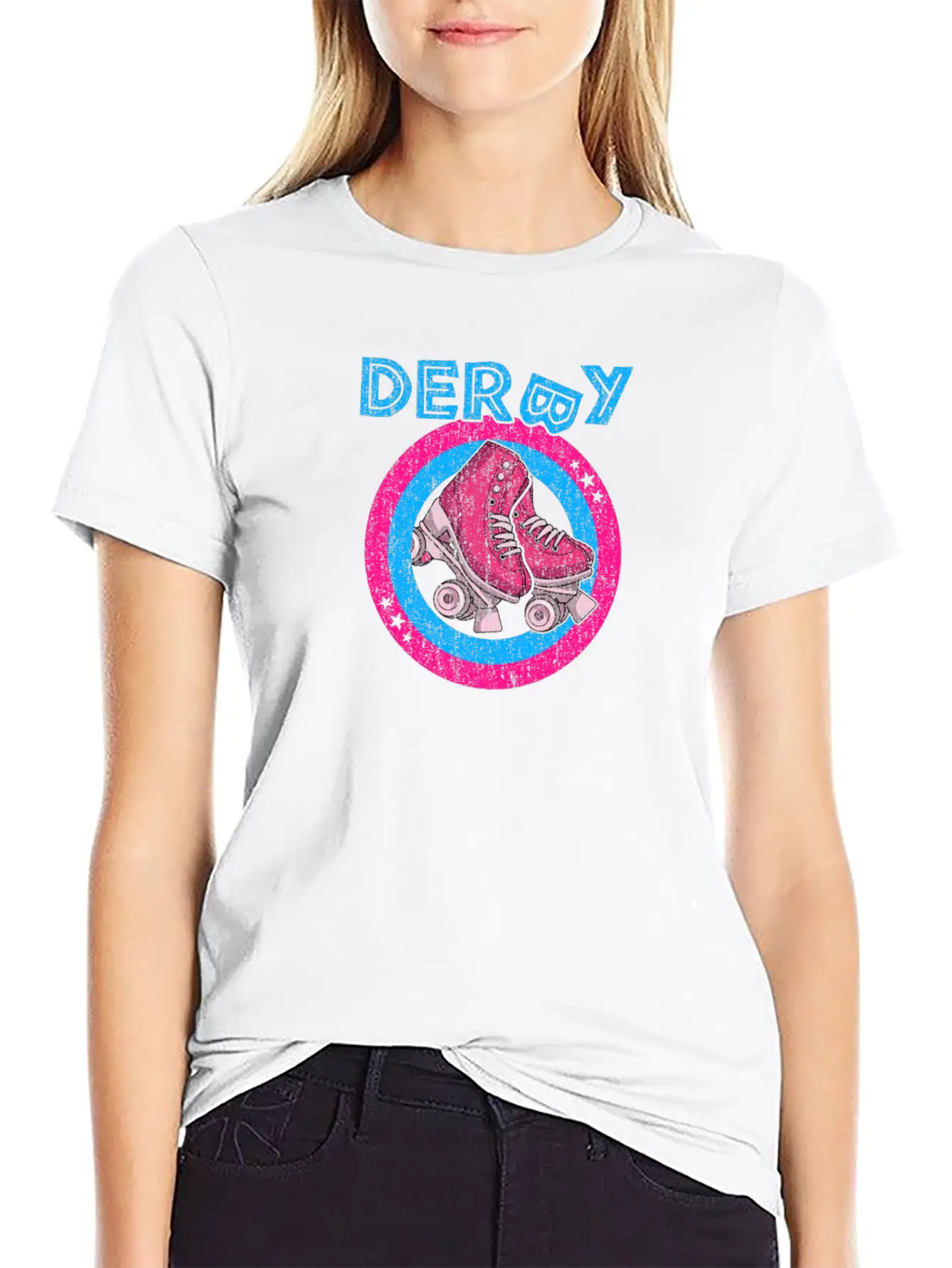 Roller Derby Girl 80s Skate Disco - Hot Pink & Unisex Short Sleeve Soft Cotton T-Shirt – Casual Everyday Wear