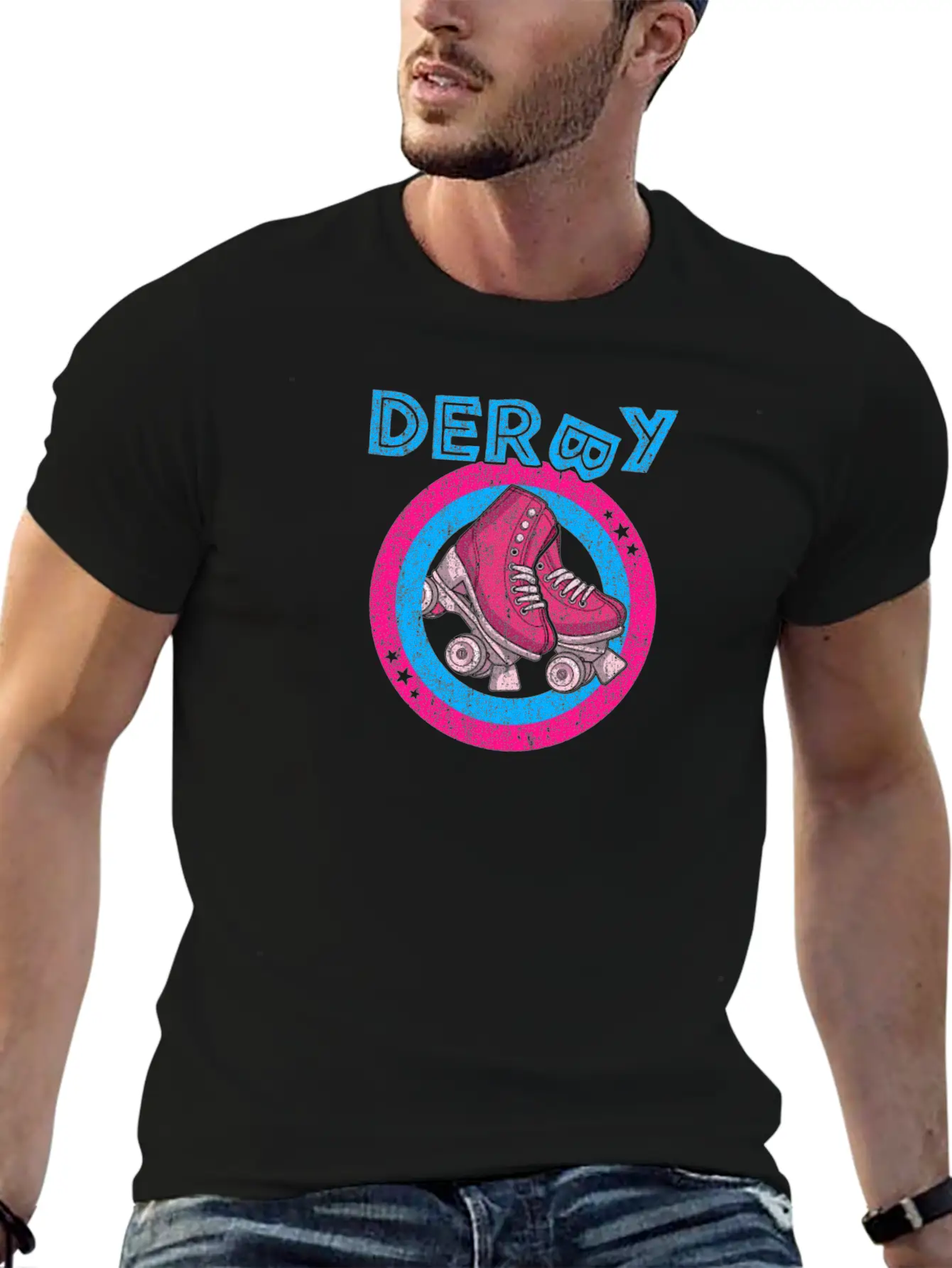 Roller Derby Girl 80s Skate Disco - Hot Pink & Unisex Short Sleeve Soft Cotton T-Shirt – Casual Everyday Wear