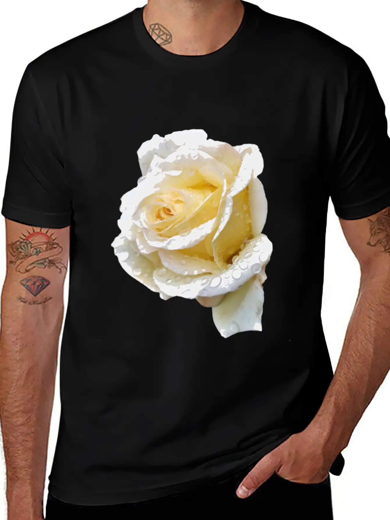 Romantic White Rose In The Rain Essential Unisex Summer Tee – Soft Cotton Casual Fit