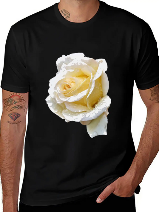 Romantic White Rose In The Rain Essential Unisex Summer Tee – Soft Cotton Casual Fit