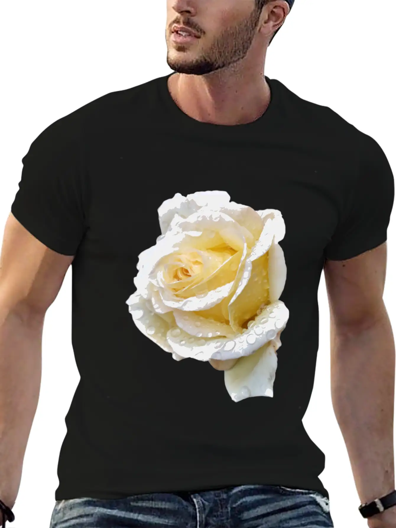 Romantic White Rose In The Rain Essential Unisex Summer Tee – Soft Cotton Casual Fit
