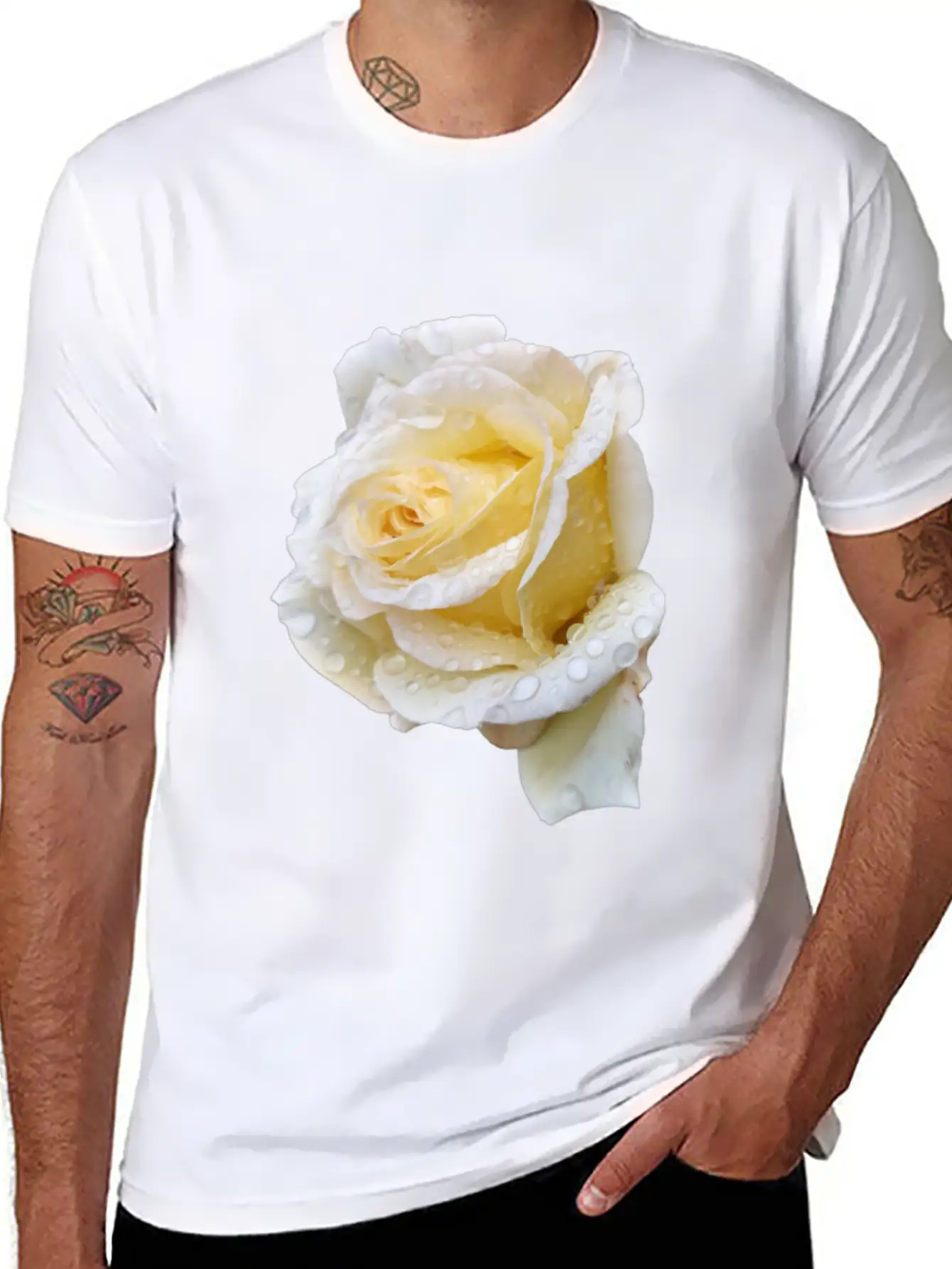 Romantic White Rose In The Rain Essential Unisex Summer Tee – Soft Cotton Casual Fit