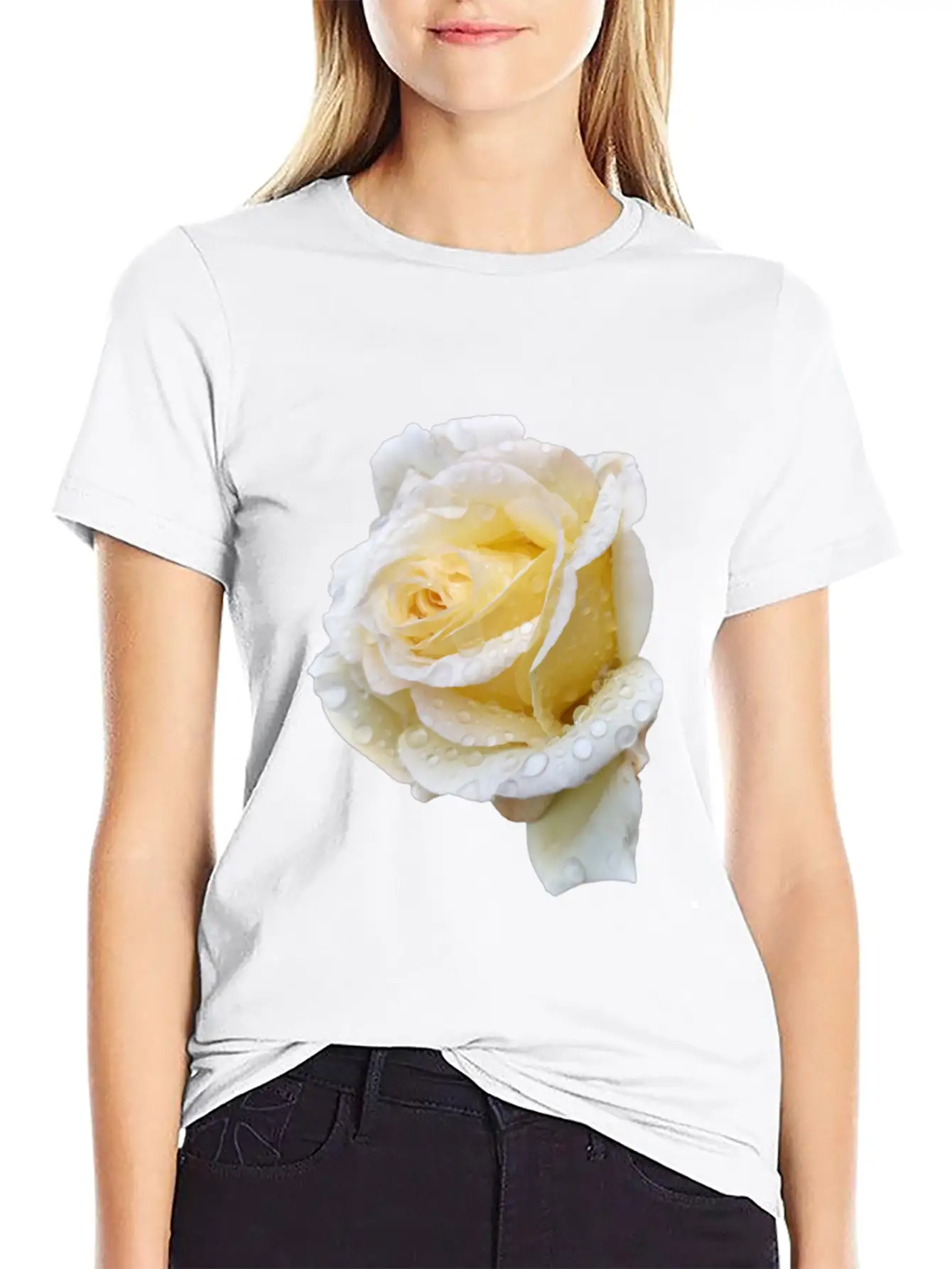 Romantic White Rose In The Rain Essential Unisex Summer Tee – Soft Cotton Casual Fit