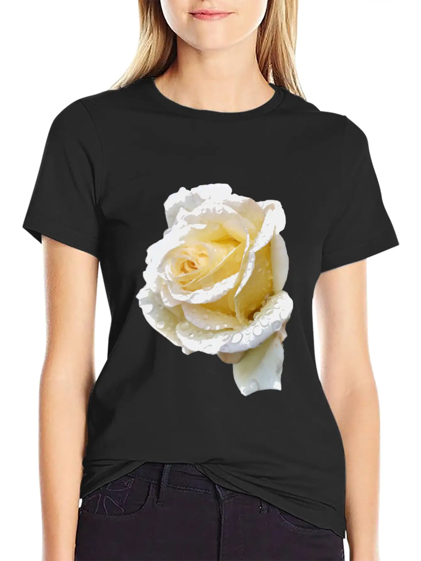 Romantic White Rose In The Rain Essential Unisex Summer Tee – Soft Cotton Casual Fit