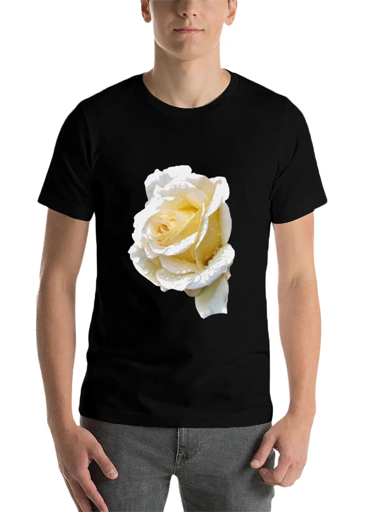 Romantic White Rose In The Rain Essential Unisex Summer Tee – Soft Cotton Casual Fit