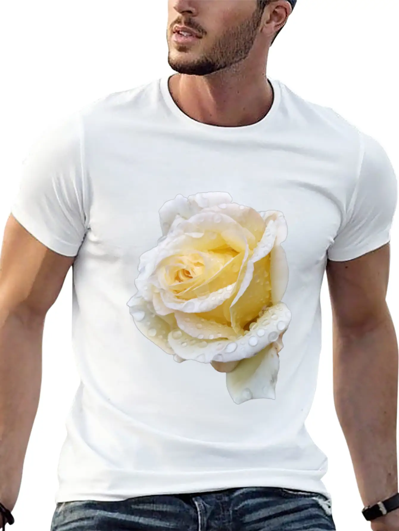 Romantic White Rose In The Rain Essential Unisex Summer Tee – Soft Cotton Casual Fit