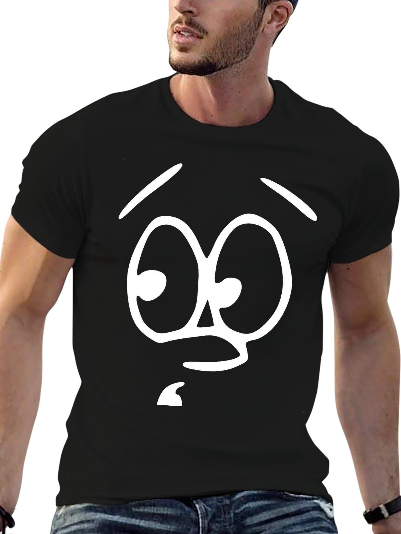 Funny Cartoon Face Graphic Tee - Black Cotton T-Shirt
