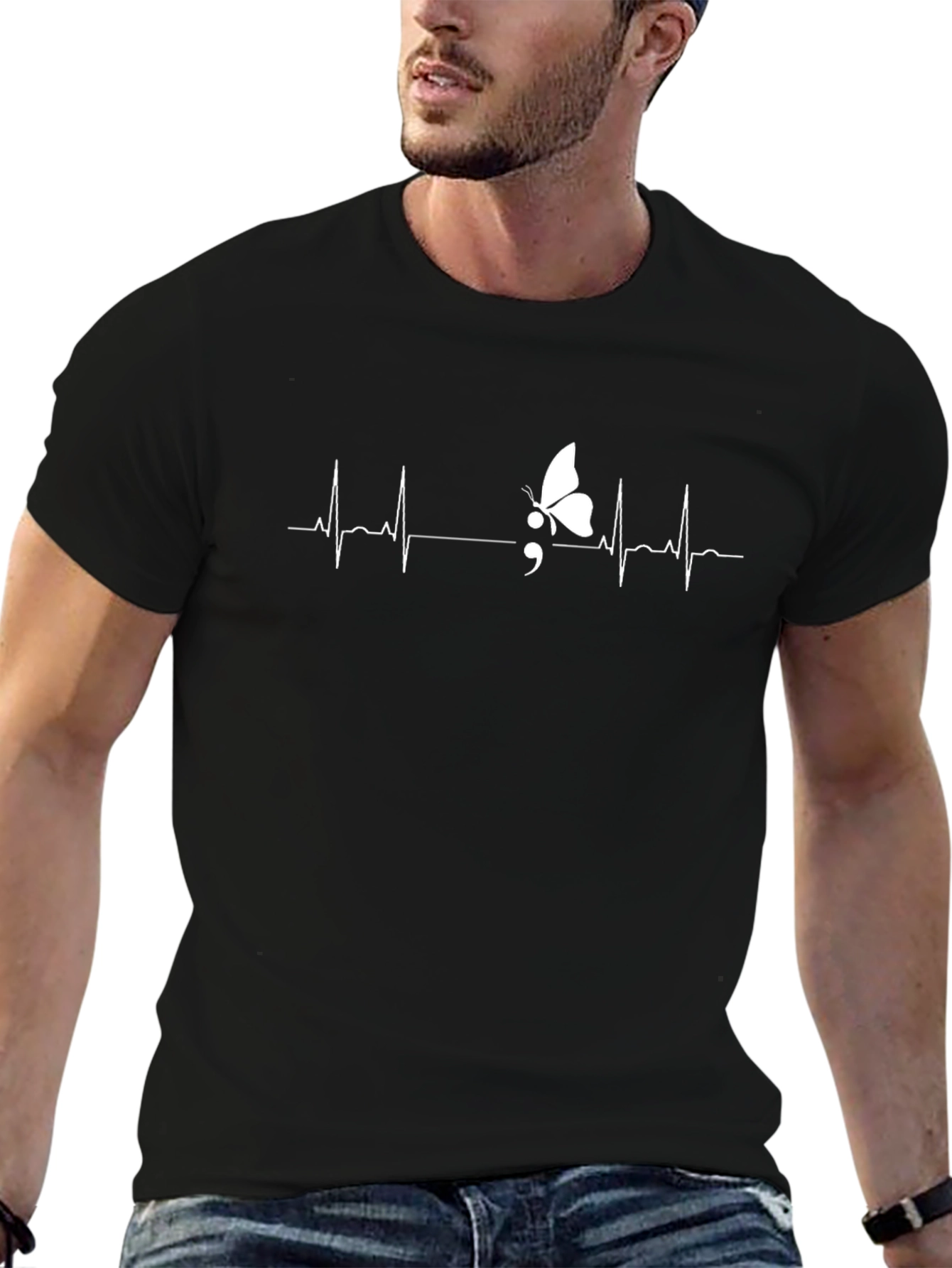 Butterfly Semicolon Heartbeat T-Shirt - Mental Health Awareness