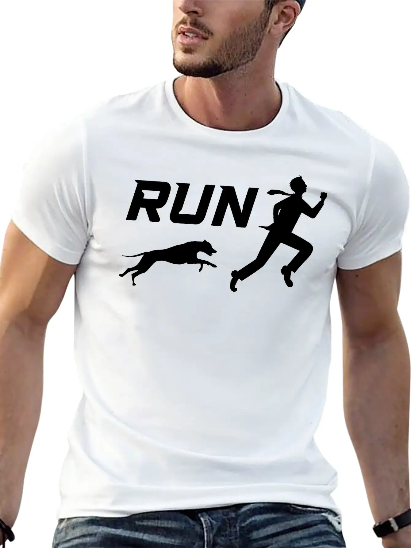 Run, Man Running Away From Dog Timeless Short Sleeve Tee – Comfy And Minimalist Design