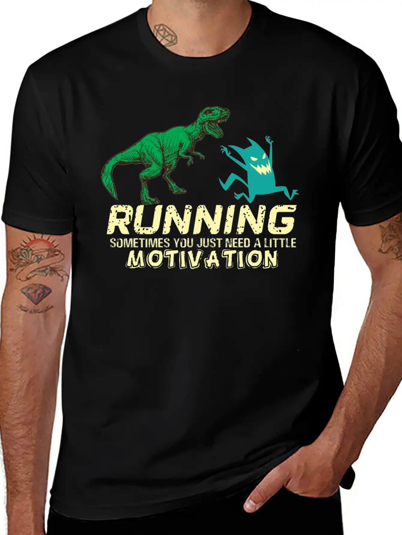 Running Running Running Motivation Dino Dinosaur Basic Graphic T-Shirt – Daily Comfort In Soft Cotton