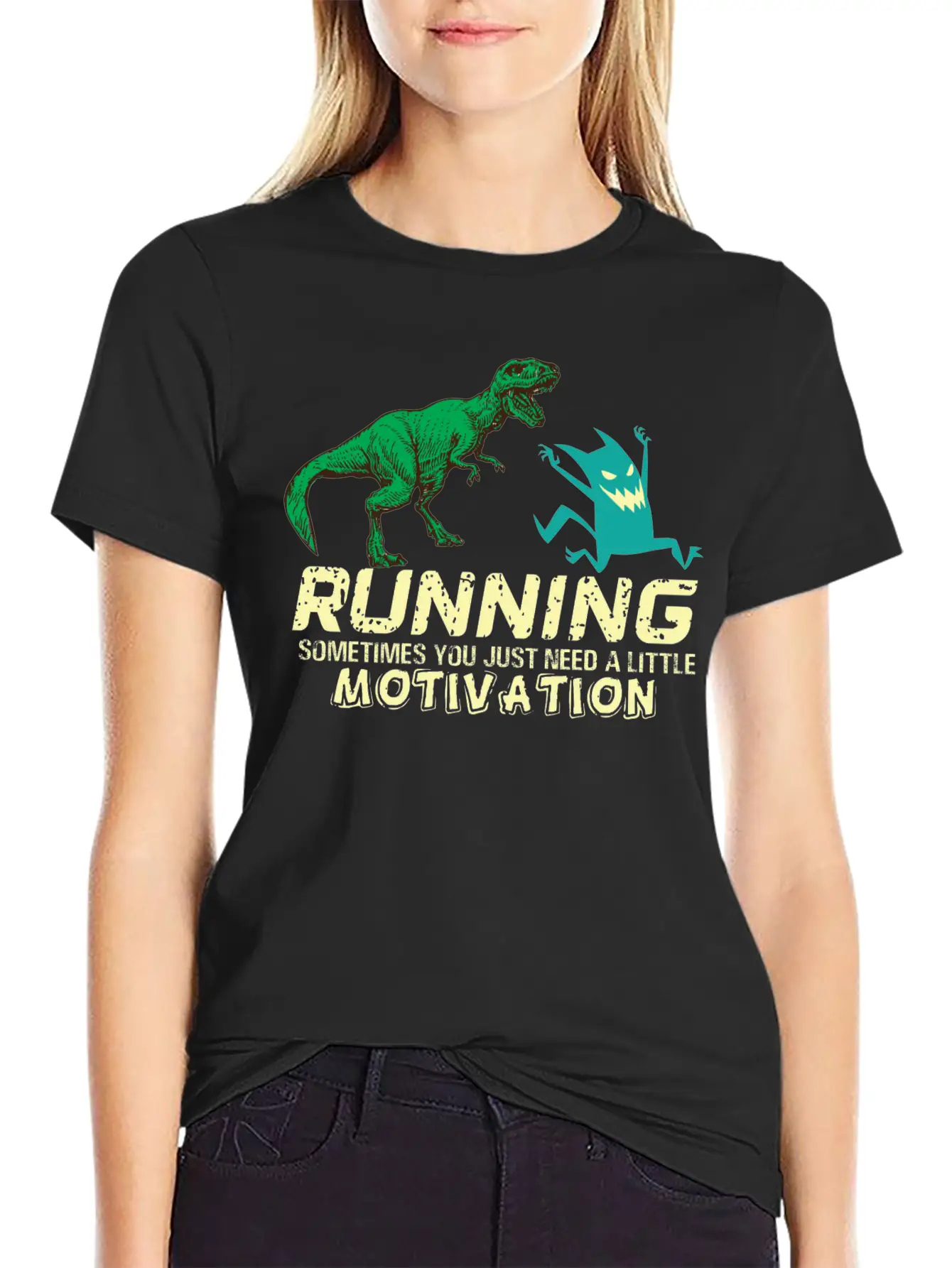Running Running Running Motivation Dino Dinosaur Basic Graphic T-Shirt – Daily Comfort In Soft Cotton