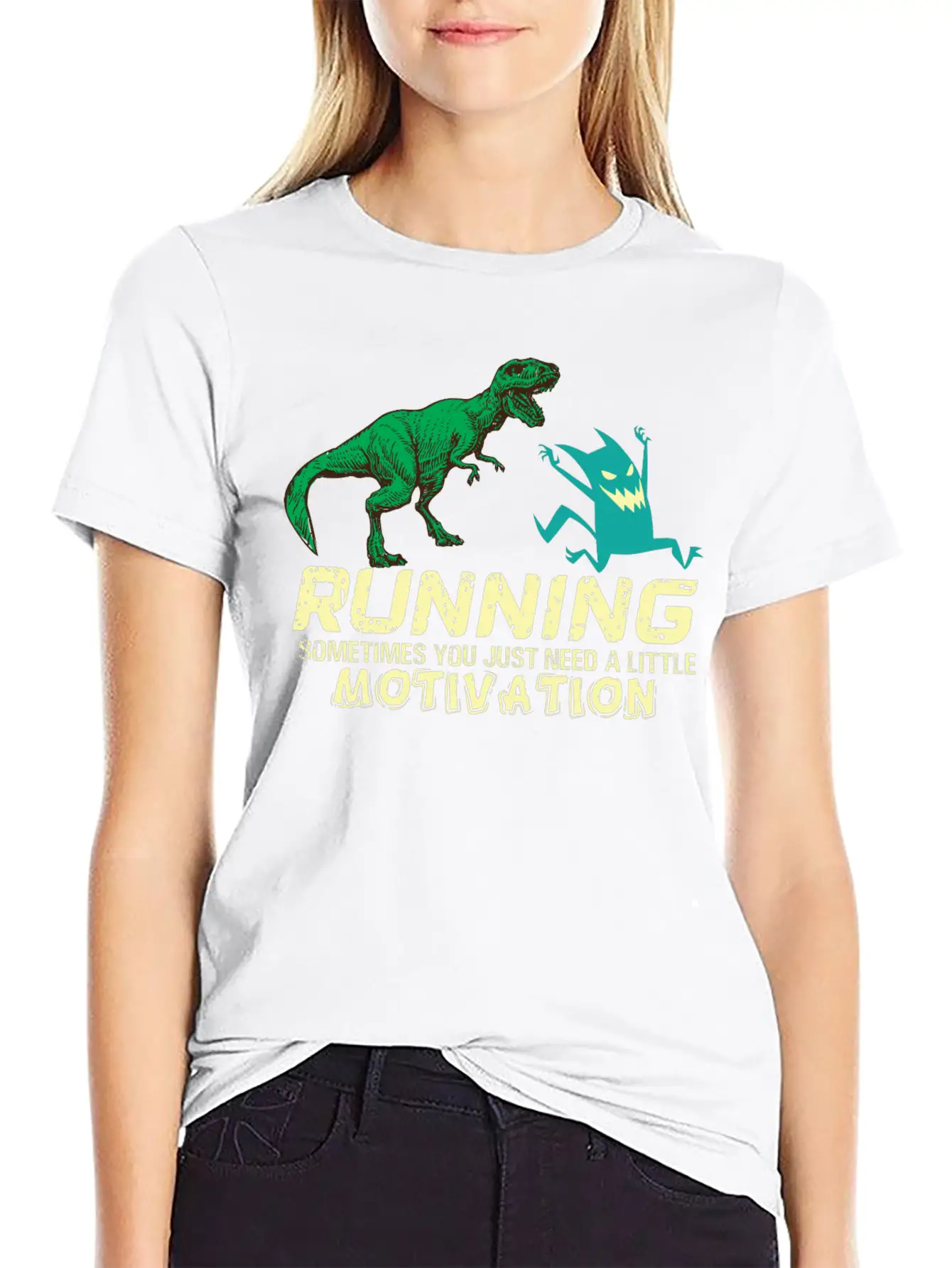Running Running Running Motivation Dino Dinosaur Basic Graphic T-Shirt – Daily Comfort In Soft Cotton