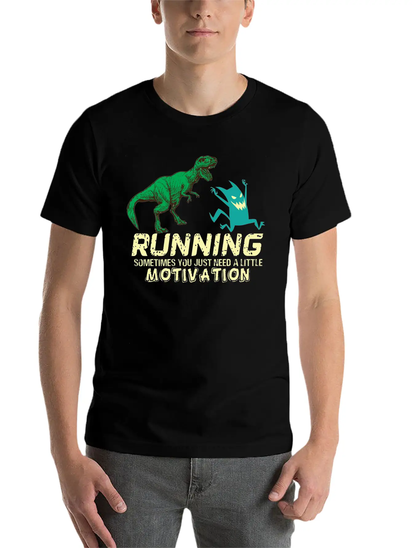 Running Running Running Motivation Dino Dinosaur Basic Graphic T-Shirt – Daily Comfort In Soft Cotton