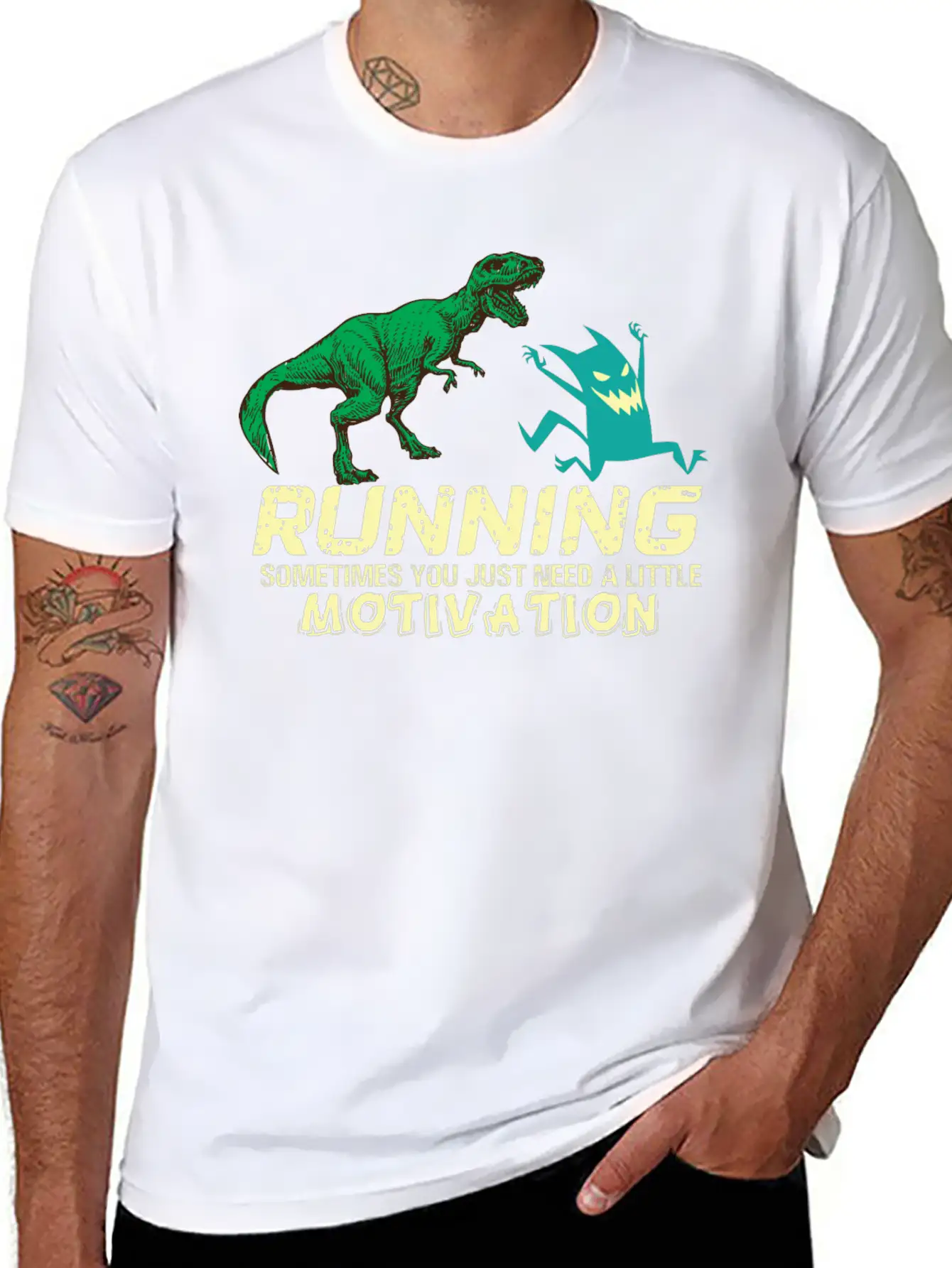 Running Running Running Motivation Dino Dinosaur Basic Graphic T-Shirt – Daily Comfort In Soft Cotton