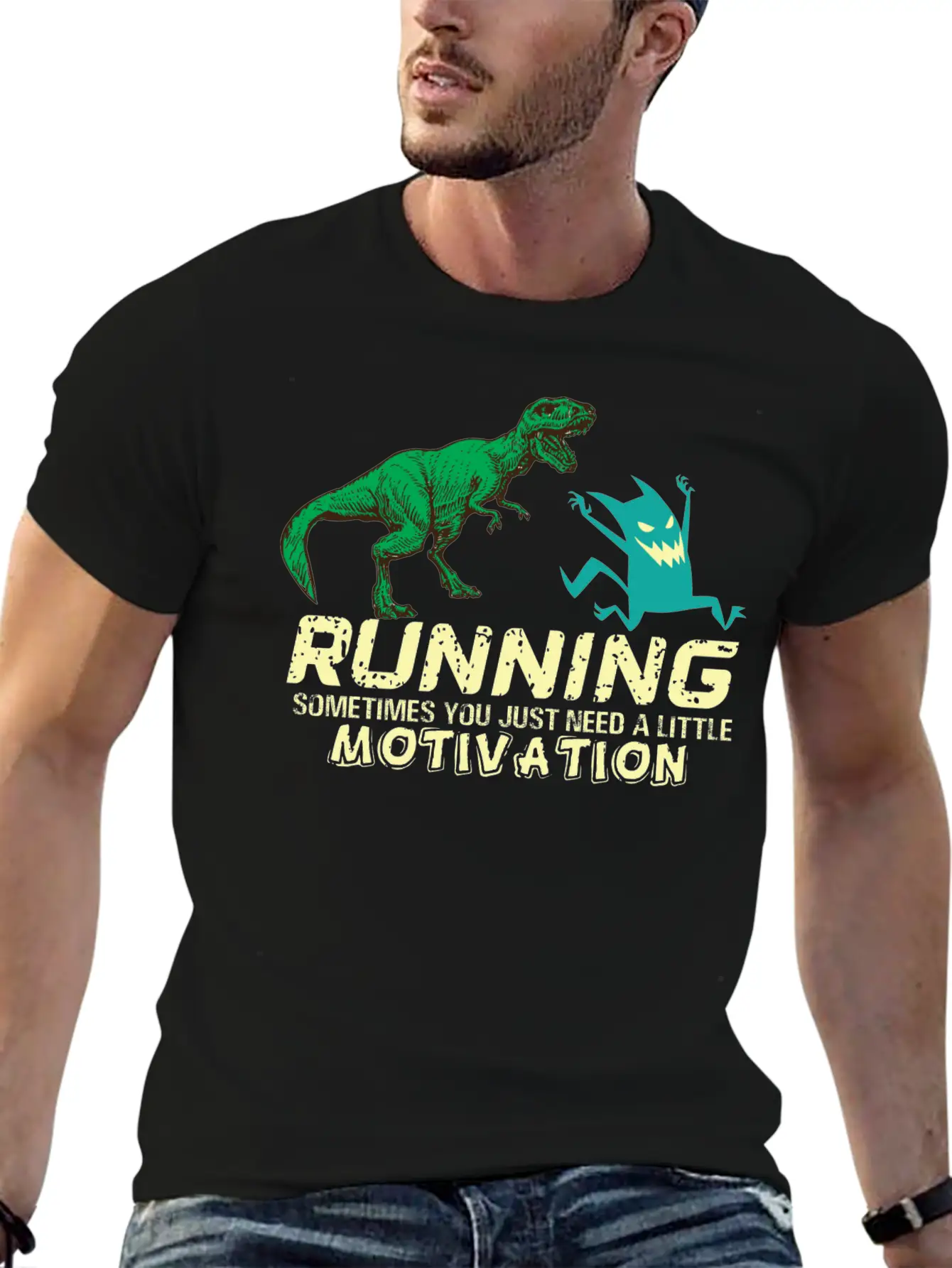 Running Running Running Motivation Dino Dinosaur Basic Graphic T-Shirt – Daily Comfort In Soft Cotton