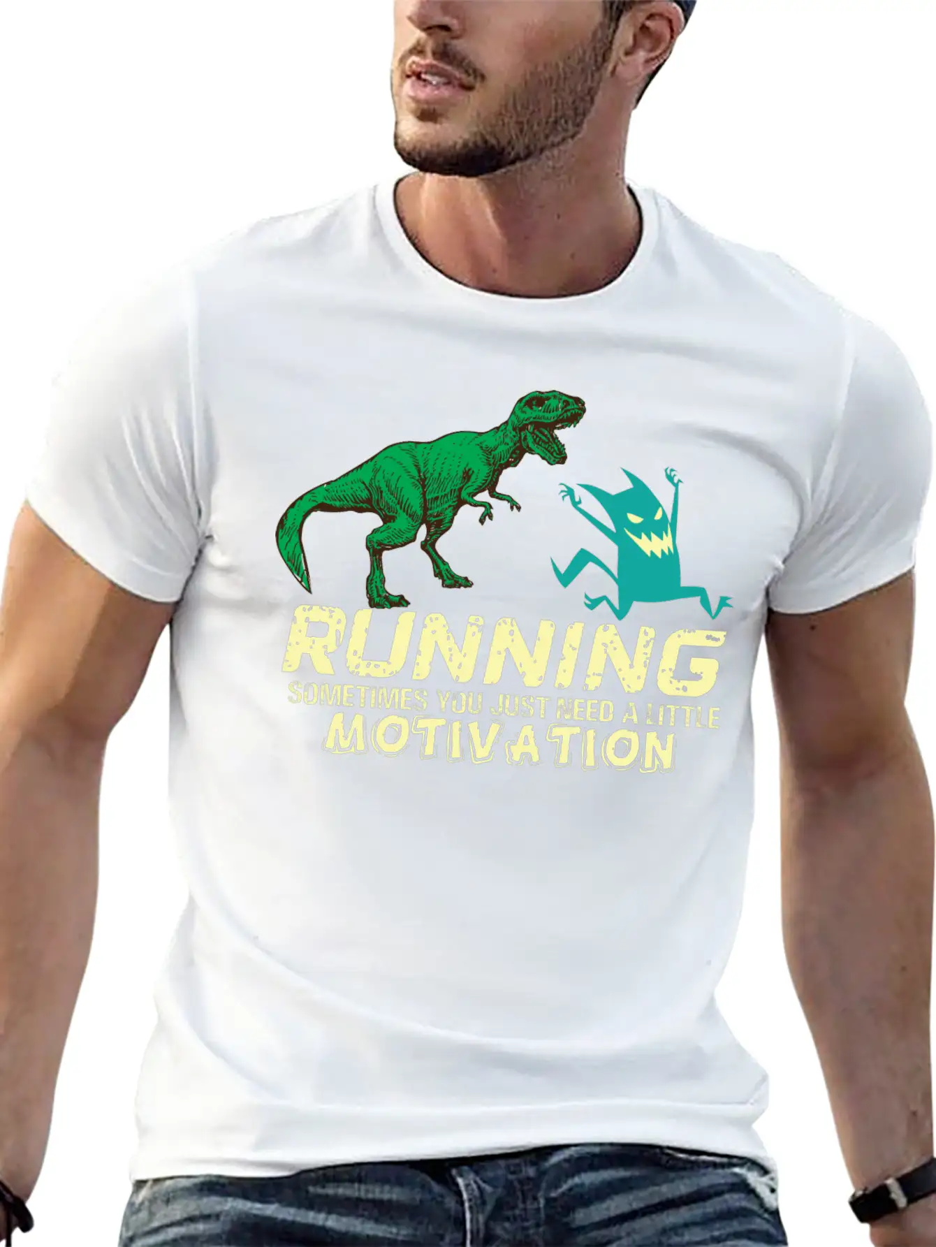 Running Running Running Motivation Dino Dinosaur Basic Graphic T-Shirt – Daily Comfort In Soft Cotton