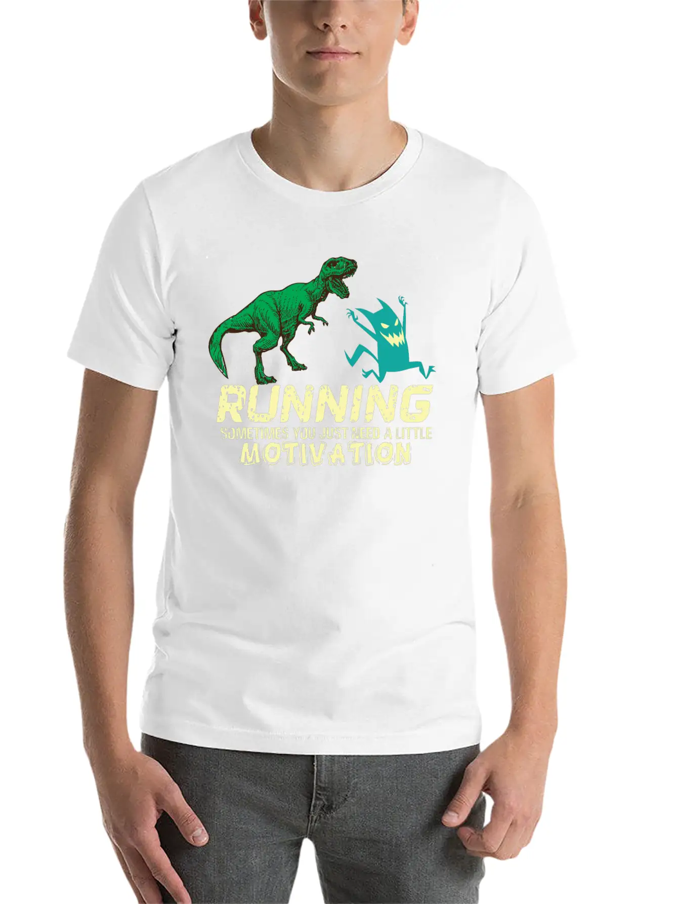 Running Running Running Motivation Dino Dinosaur Basic Graphic T-Shirt – Daily Comfort In Soft Cotton