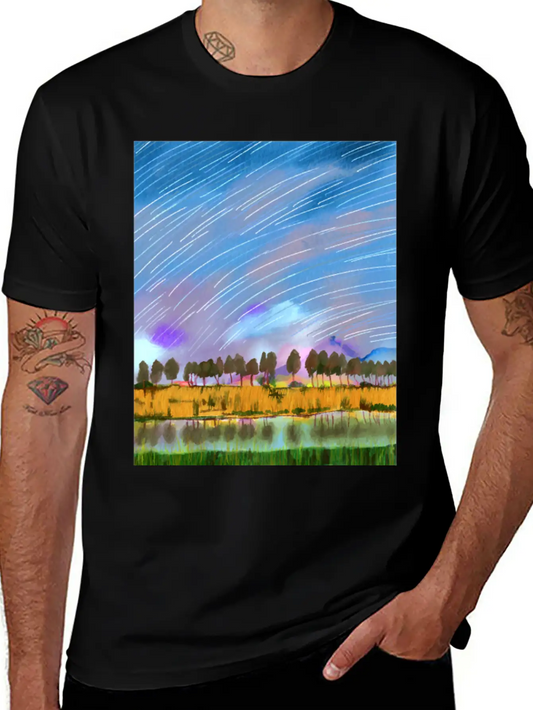 Rural Scene With Star Trails Landscape Watercolor Stylish Everyday T-Shirt – Unisex Basic Cotton Tee