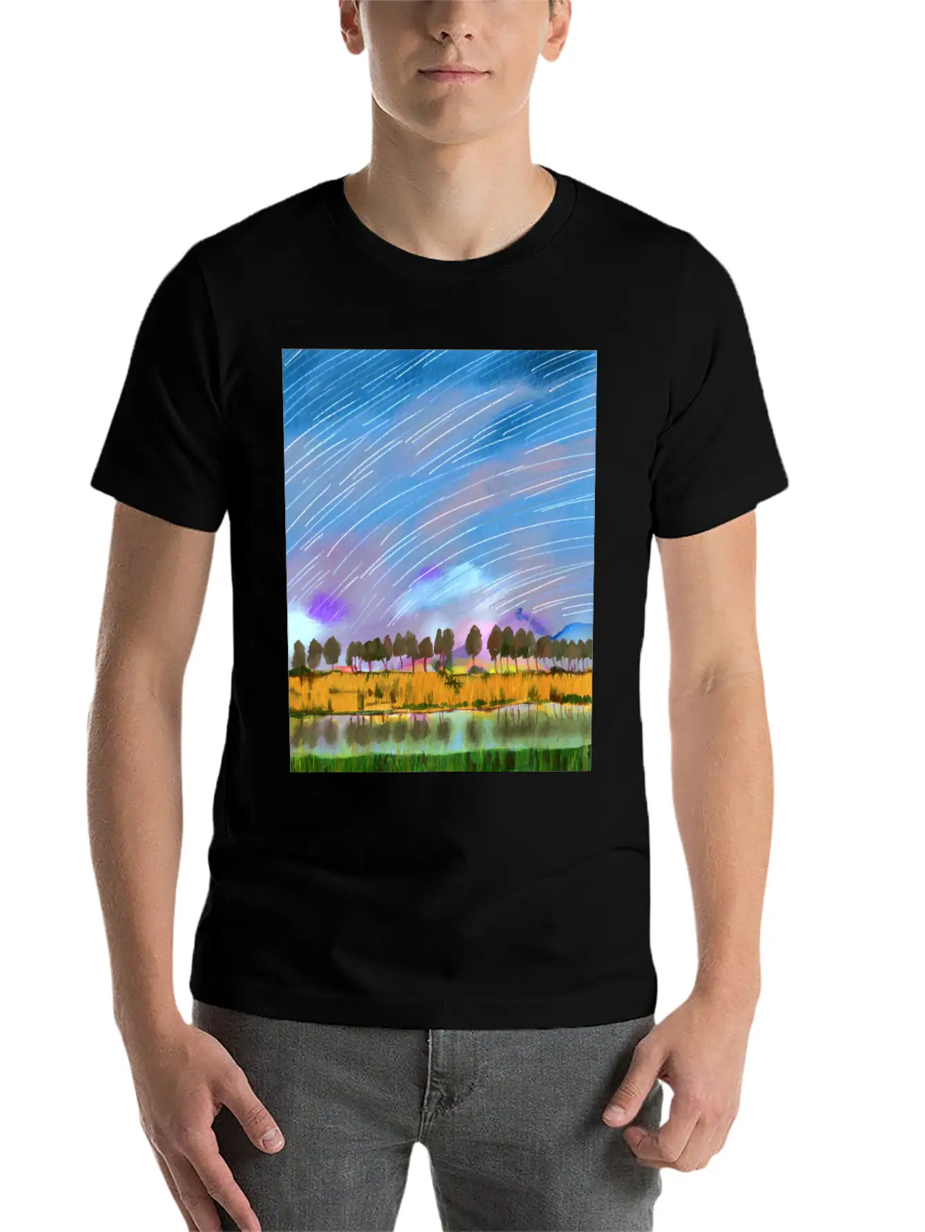 Rural Scene With Star Trails Landscape Watercolor Stylish Everyday T-Shirt – Unisex Basic Cotton Tee