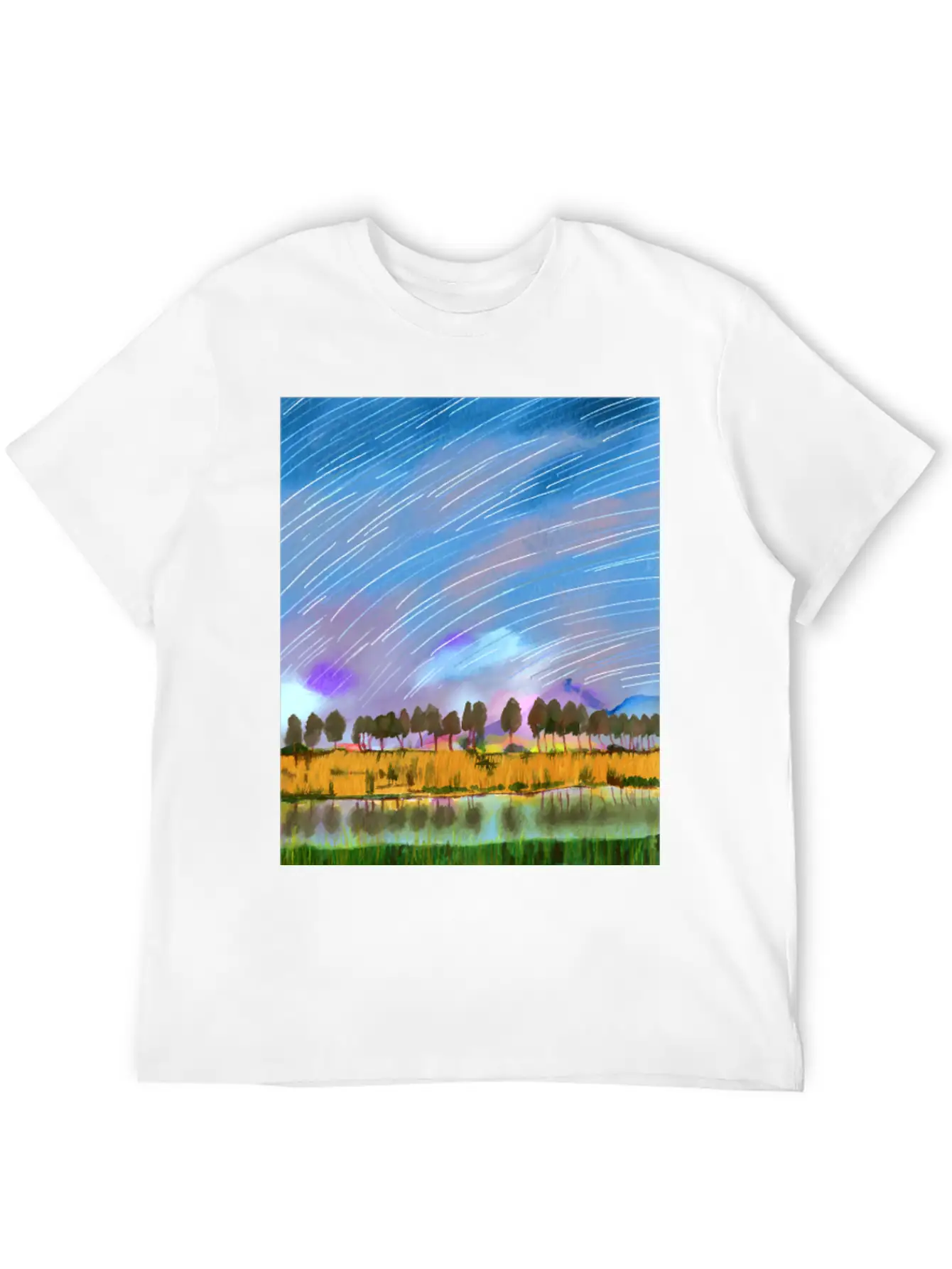 Rural Scene With Star Trails Landscape Watercolor Stylish Everyday T-Shirt – Unisex Basic Cotton Tee