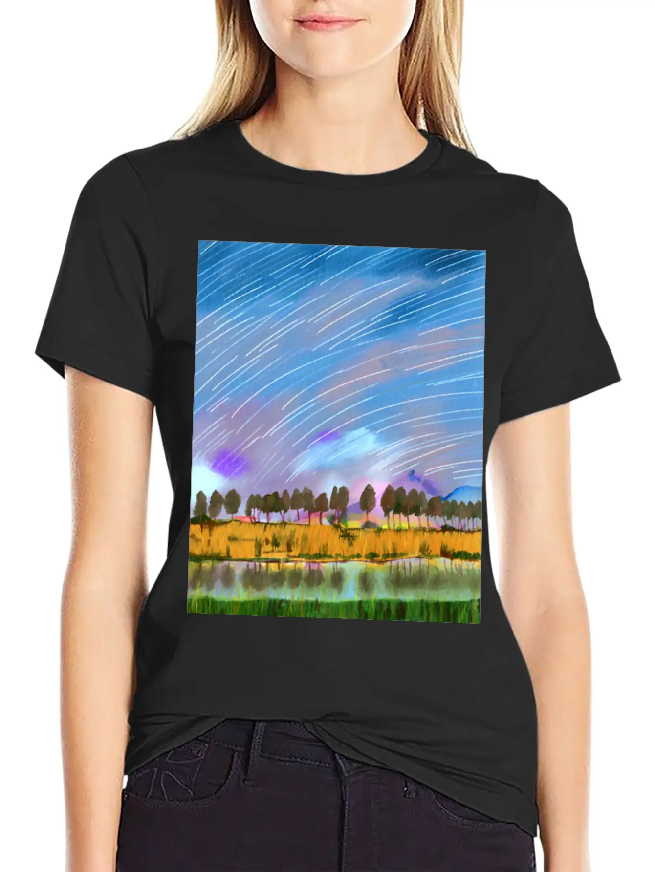 Rural Scene With Star Trails Landscape Watercolor Stylish Everyday T-Shirt – Unisex Basic Cotton Tee