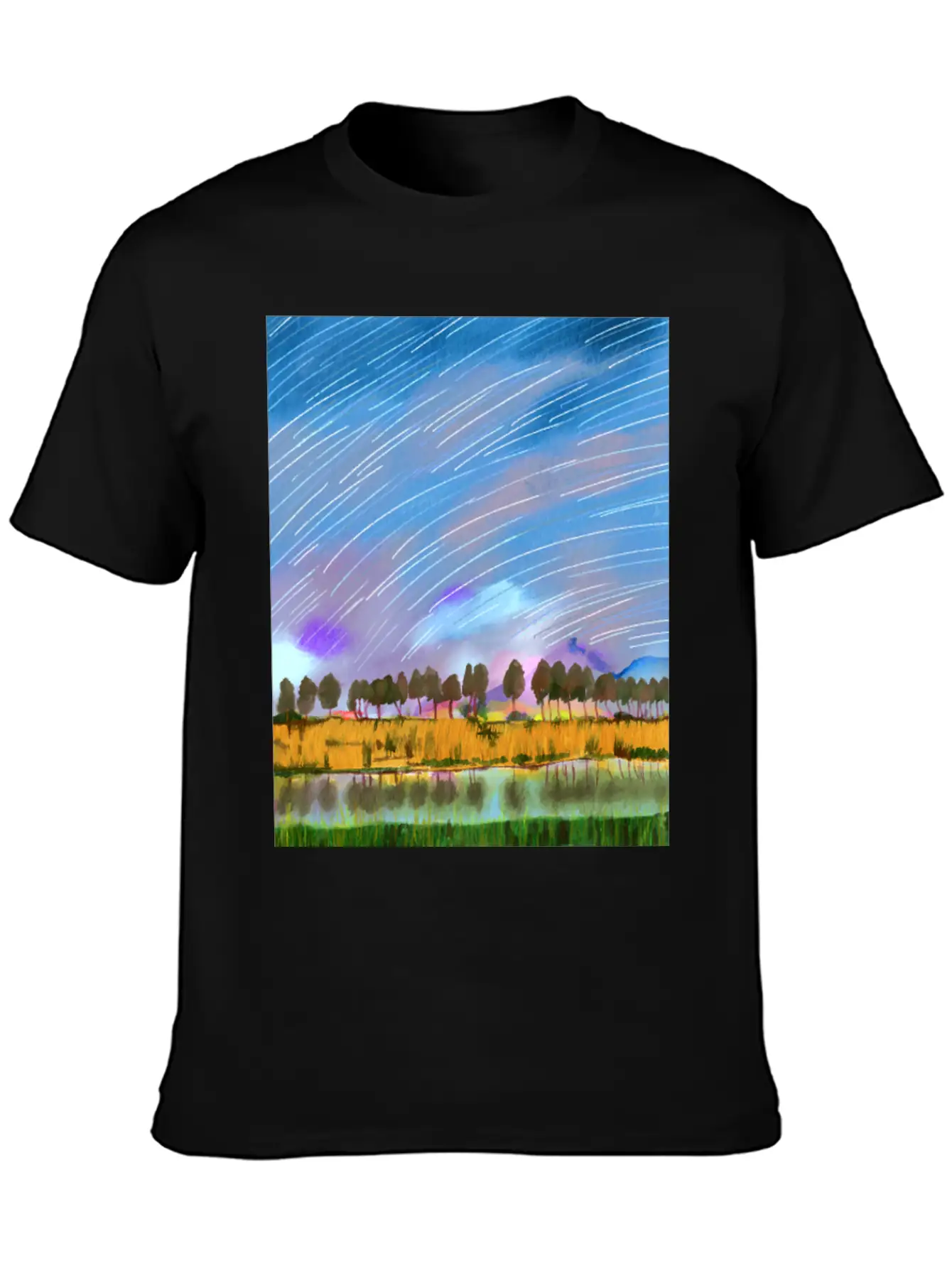 Rural Scene With Star Trails Landscape Watercolor Stylish Everyday T-Shirt – Unisex Basic Cotton Tee