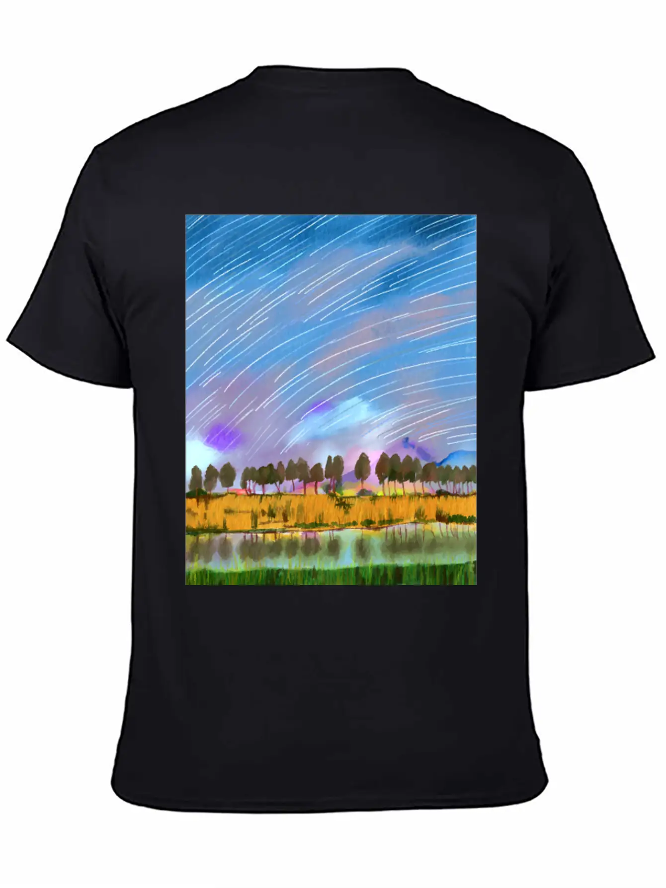Rural Scene With Star Trails Landscape Watercolor Stylish Everyday T-Shirt – Unisex Basic Cotton Tee