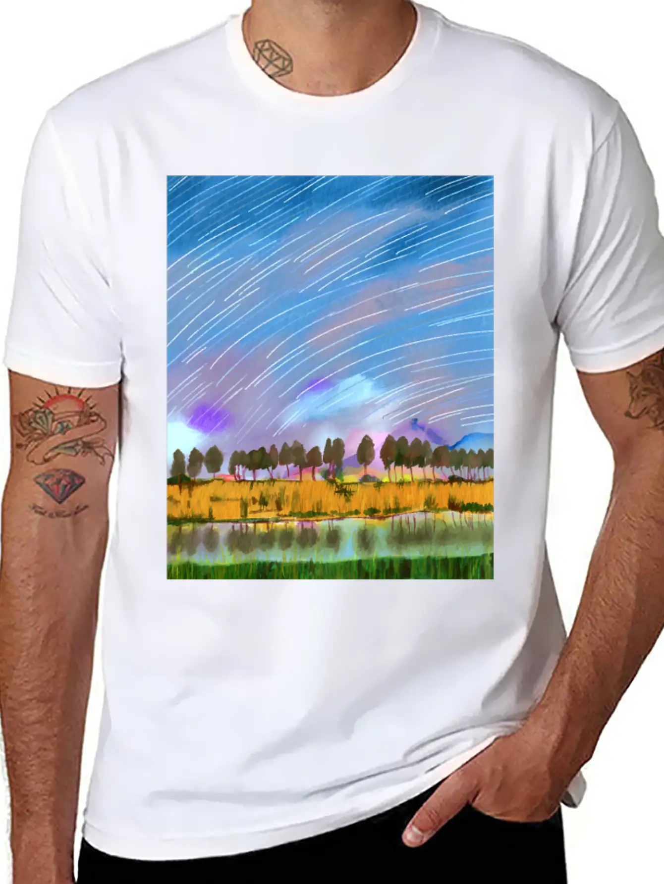 Rural Scene With Star Trails Landscape Watercolor Stylish Everyday T-Shirt – Unisex Basic Cotton Tee