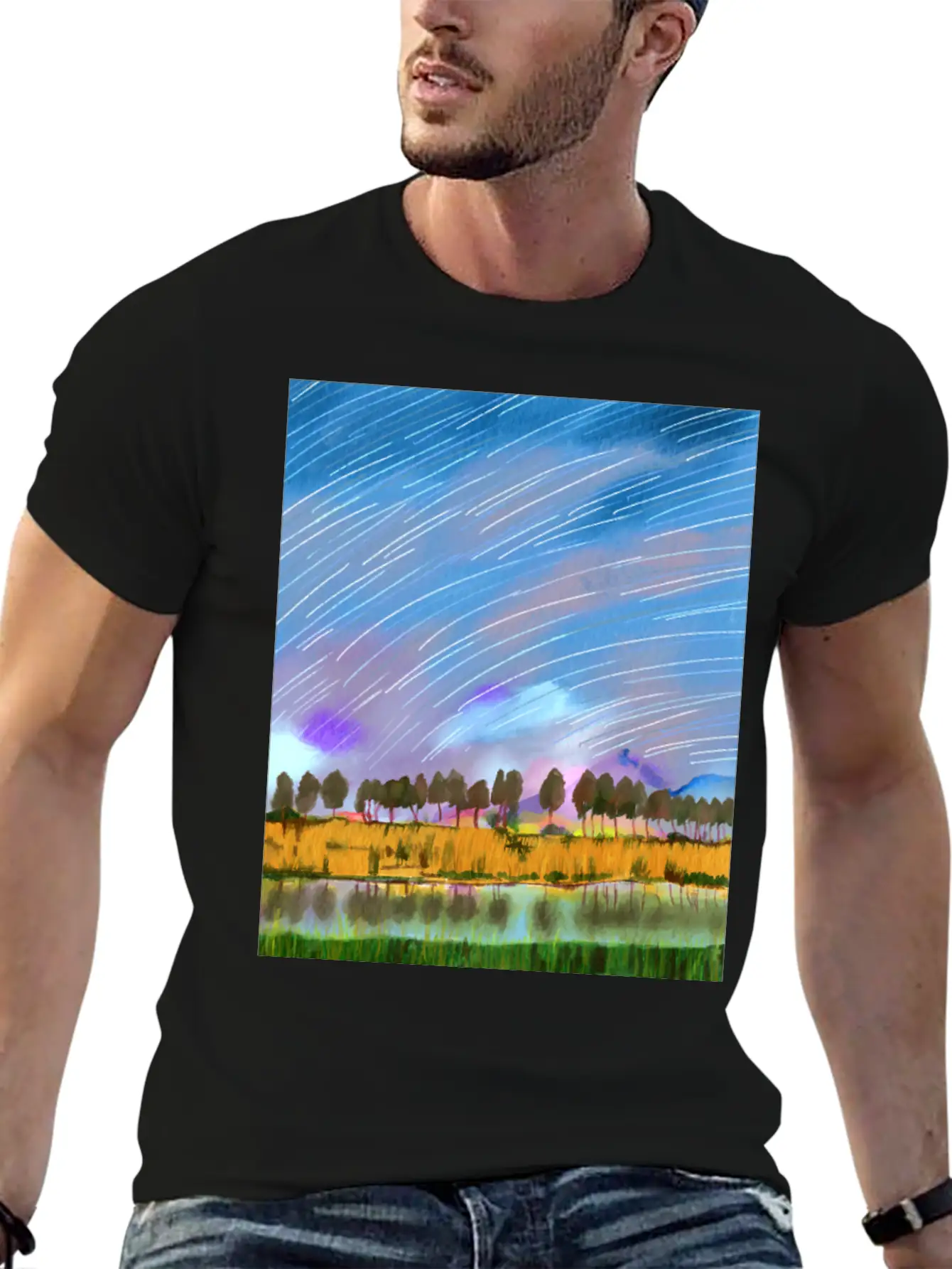 Rural Scene With Star Trails Landscape Watercolor Stylish Everyday T-Shirt – Unisex Basic Cotton Tee