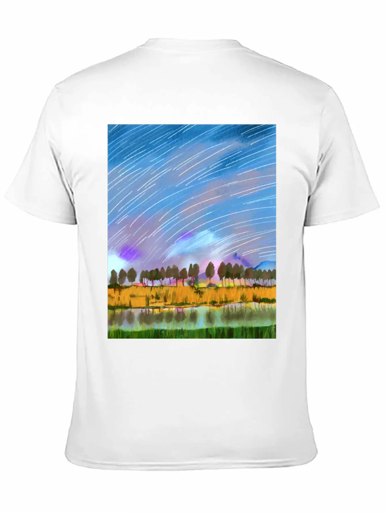 Rural Scene With Star Trails Landscape Watercolor Stylish Everyday T-Shirt – Unisex Basic Cotton Tee