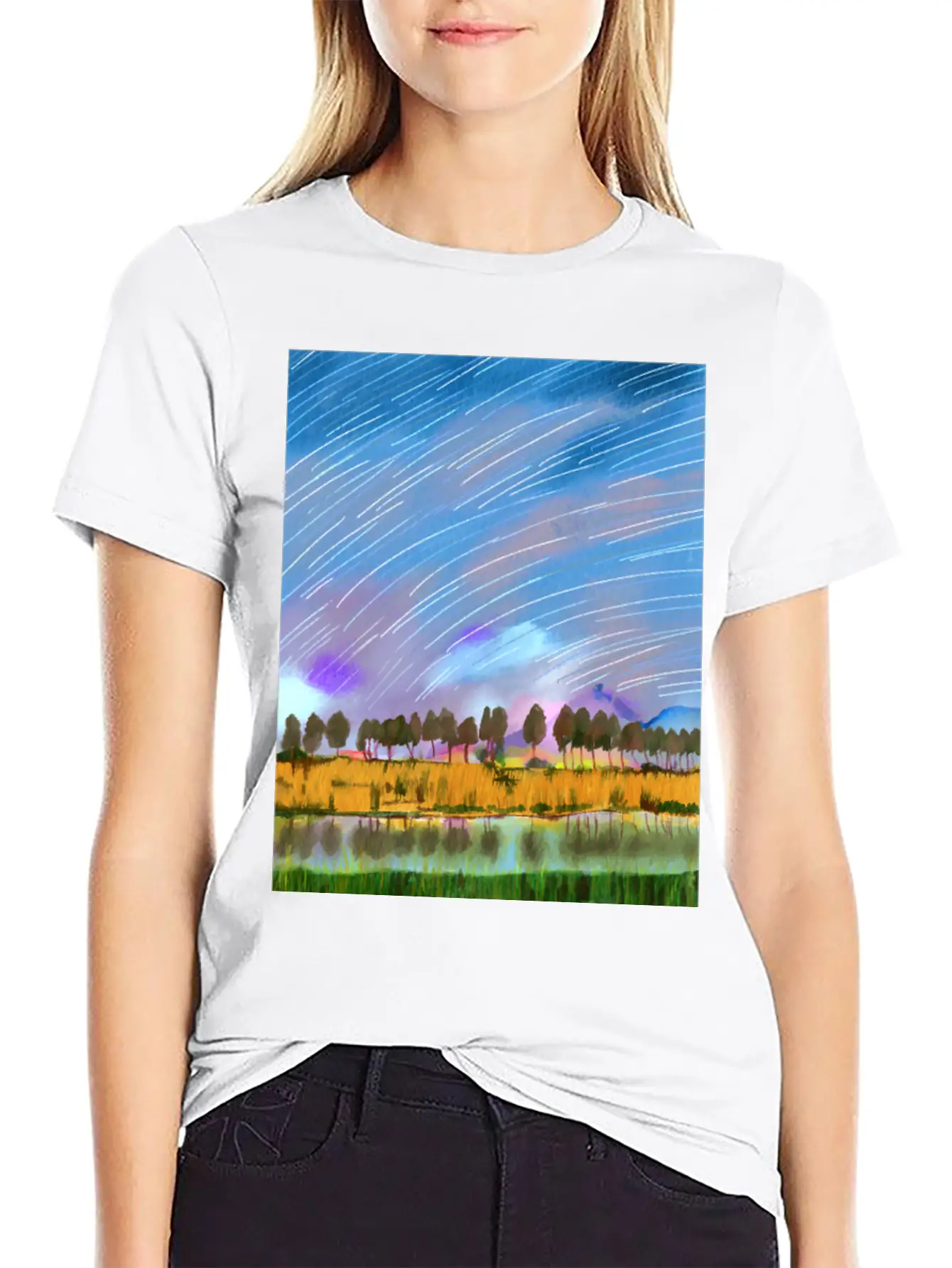Rural Scene With Star Trails Landscape Watercolor Stylish Everyday T-Shirt – Unisex Basic Cotton Tee