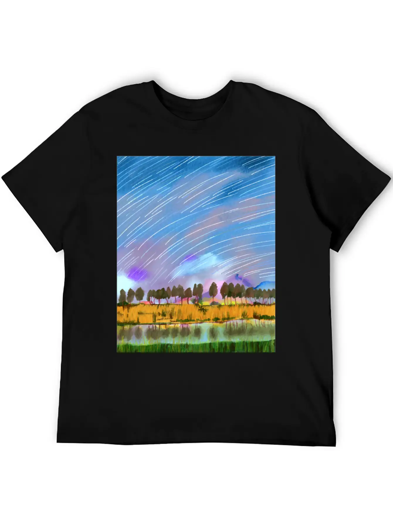 Rural Scene With Star Trails Landscape Watercolor Stylish Everyday T-Shirt – Unisex Basic Cotton Tee