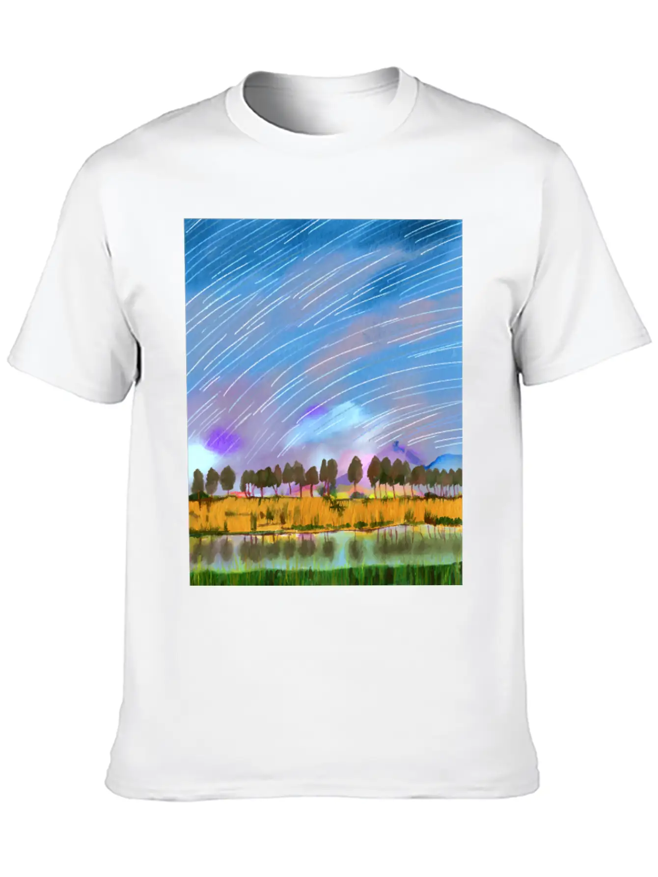 Rural Scene With Star Trails Landscape Watercolor Stylish Everyday T-Shirt – Unisex Basic Cotton Tee