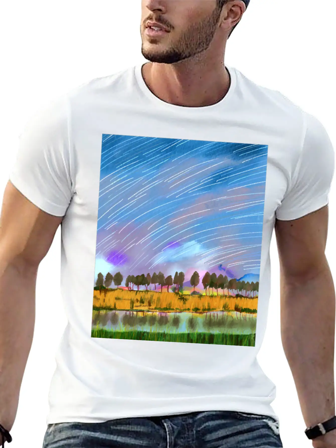 Rural Scene With Star Trails Landscape Watercolor Stylish Everyday T-Shirt – Unisex Basic Cotton Tee