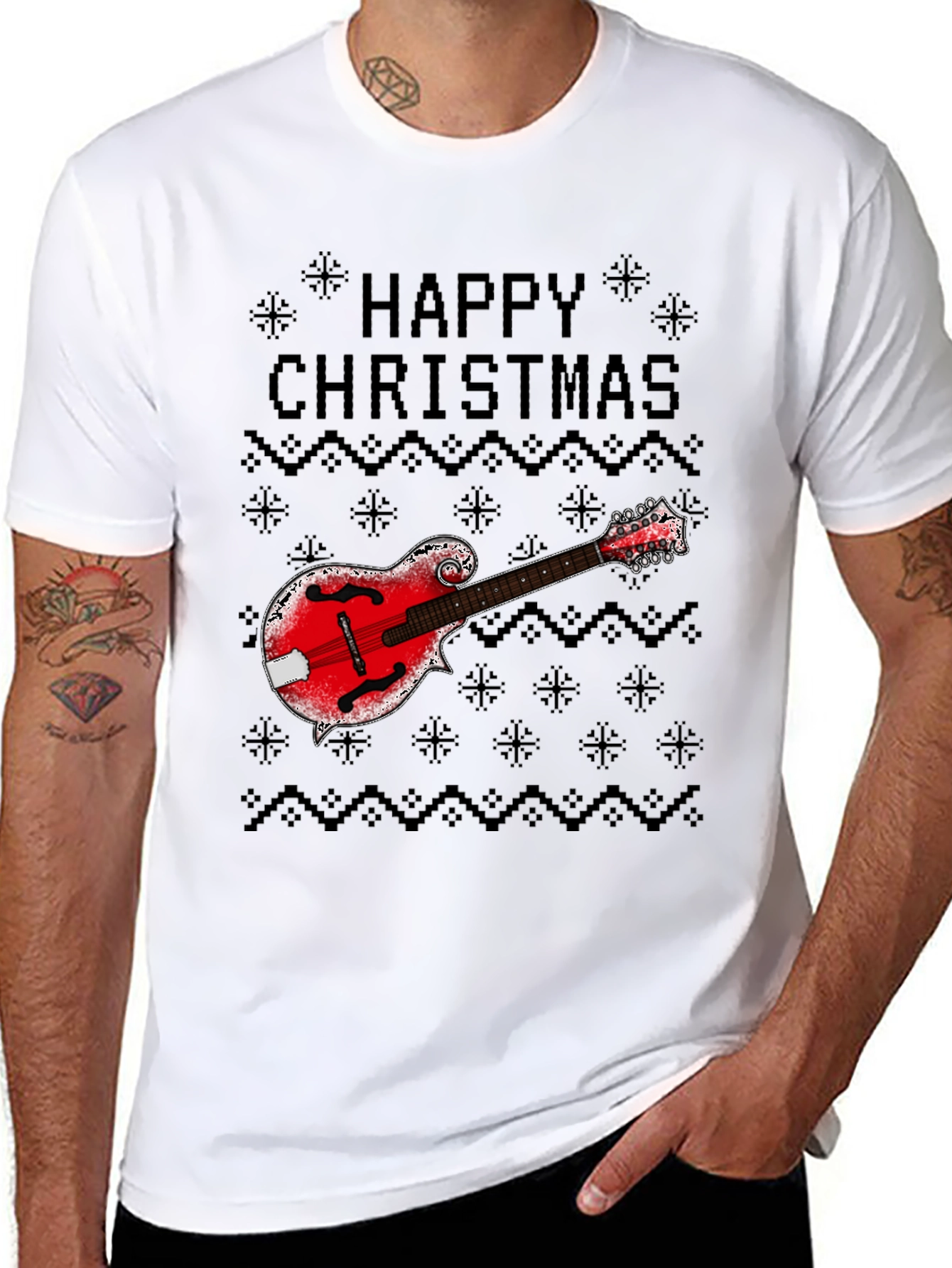Happy Christmas Mandolin Ugly Sweater Style T-Shirt