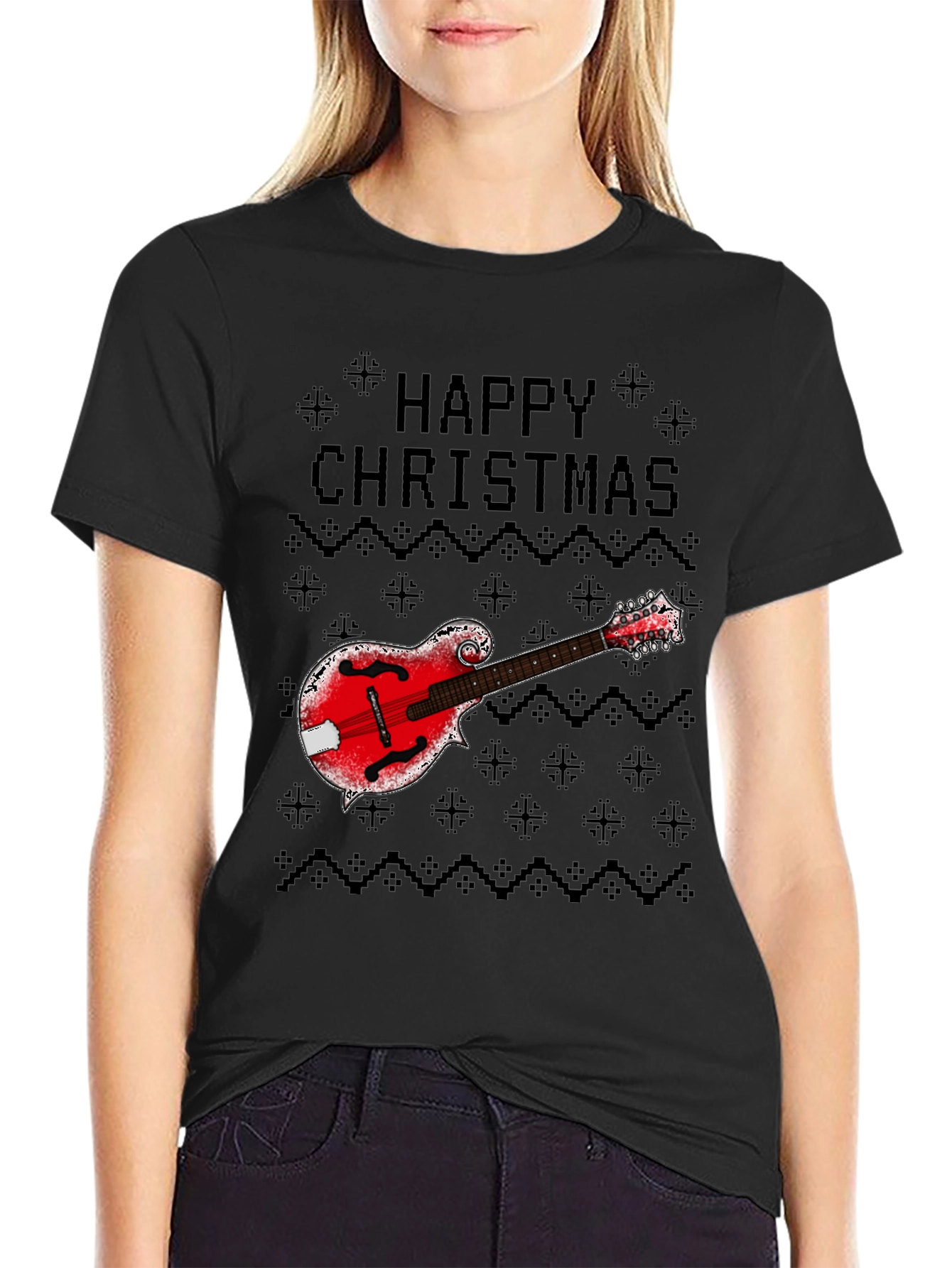 Happy Christmas Mandolin Ugly Sweater Style T-Shirt