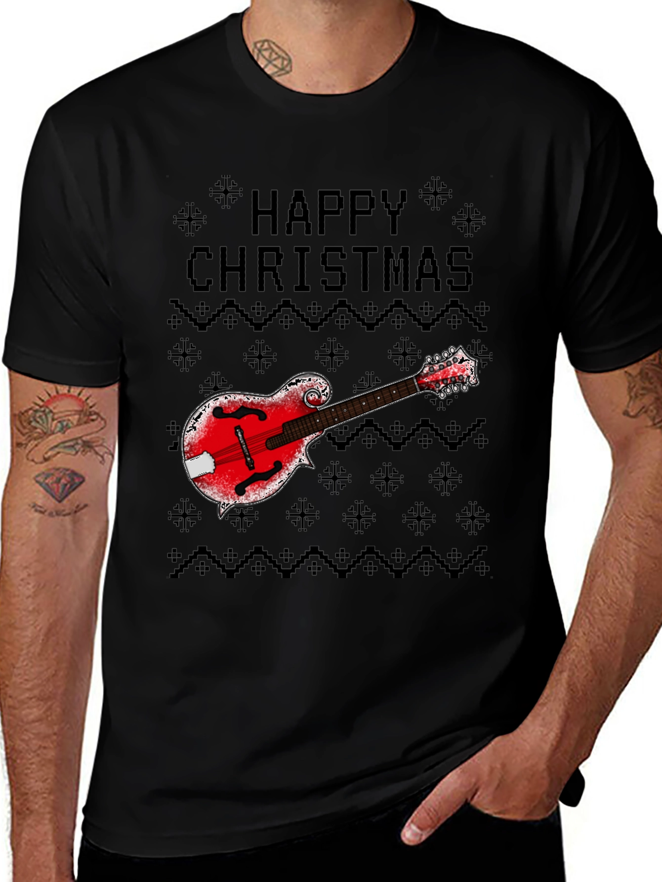 Happy Christmas Mandolin Ugly Sweater Style T-Shirt