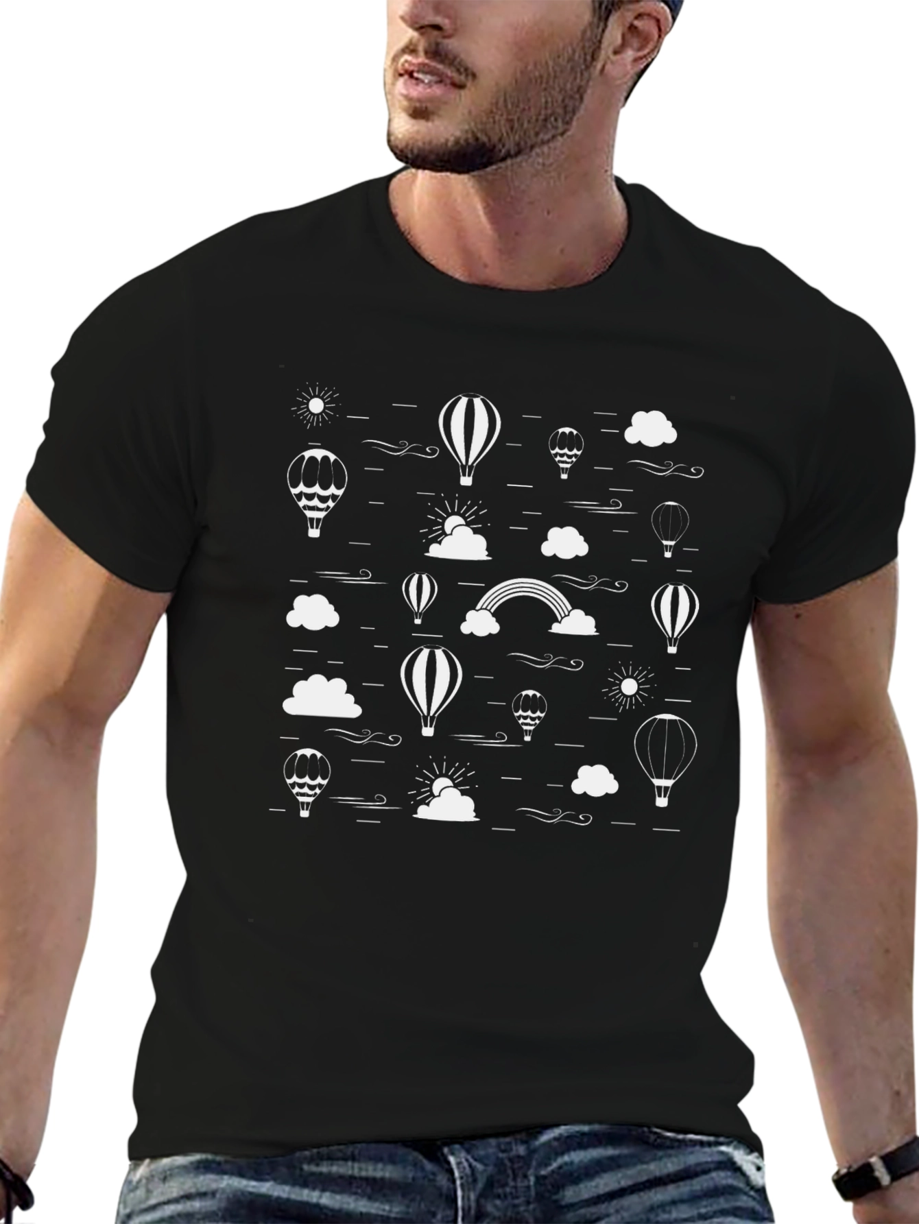 Black T-Shirt with White Hot Air Balloon Graphic Print