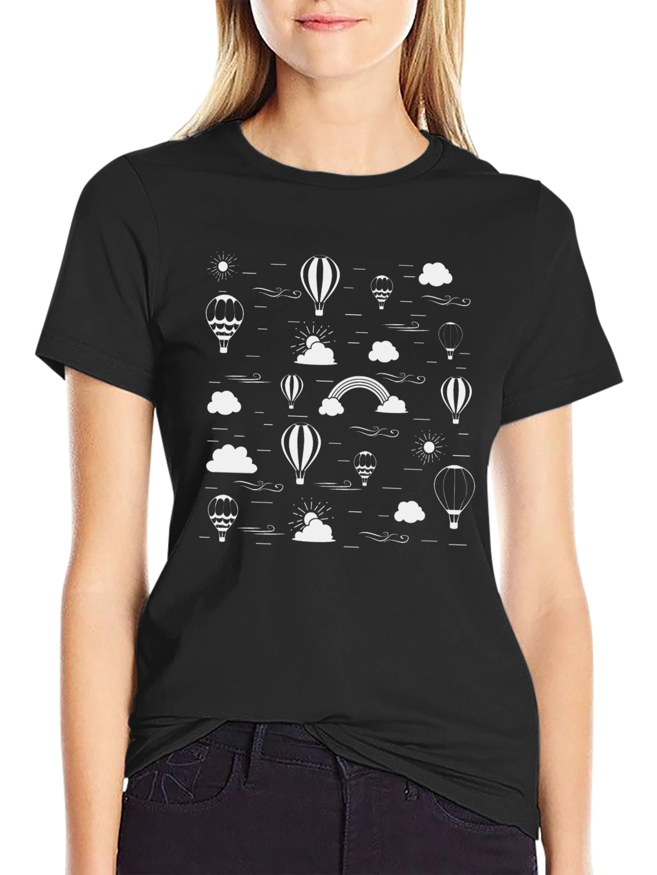 Black T-Shirt with White Hot Air Balloon Graphic Print