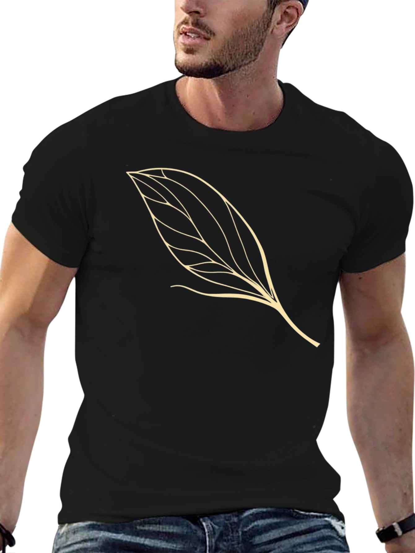Leaf Design Black Cotton T-Shirt